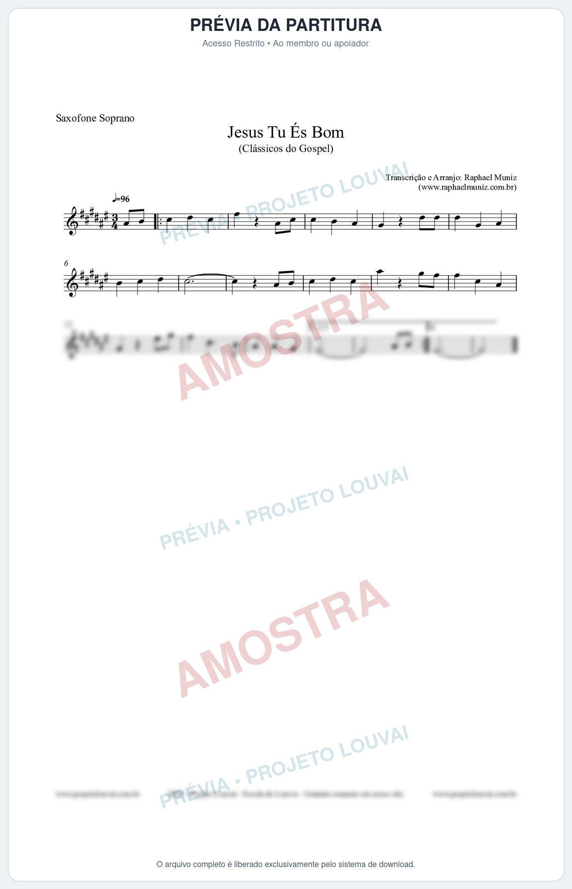 Prévia protegida da primeira página da partitura Partitura para Saxofone Soprano - Jesus Tu És Bom - Harpa Cristã nº25 - Clássicos do Gospel