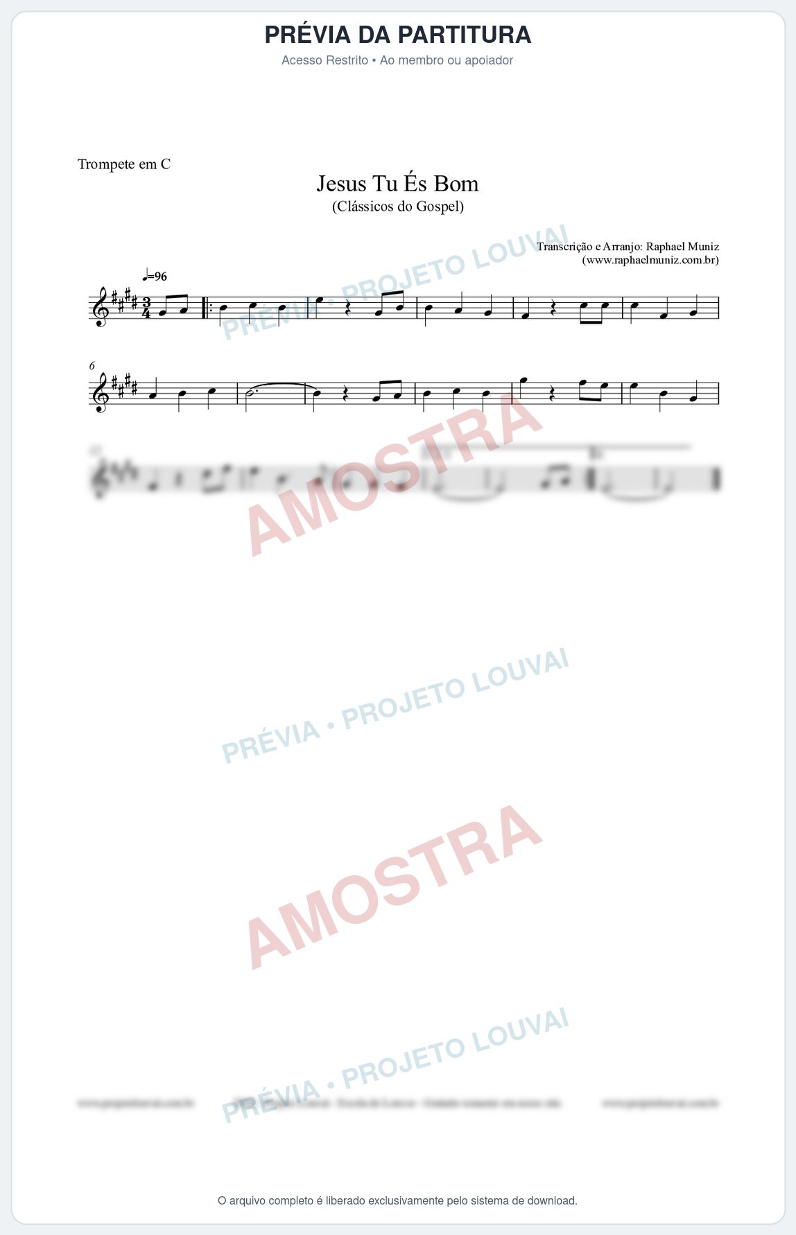 Prévia protegida da primeira página da partitura Partitura para Trompete em C - Jesus Tu És Bom - Harpa Cristã nº25 - Clássicos do Gospel