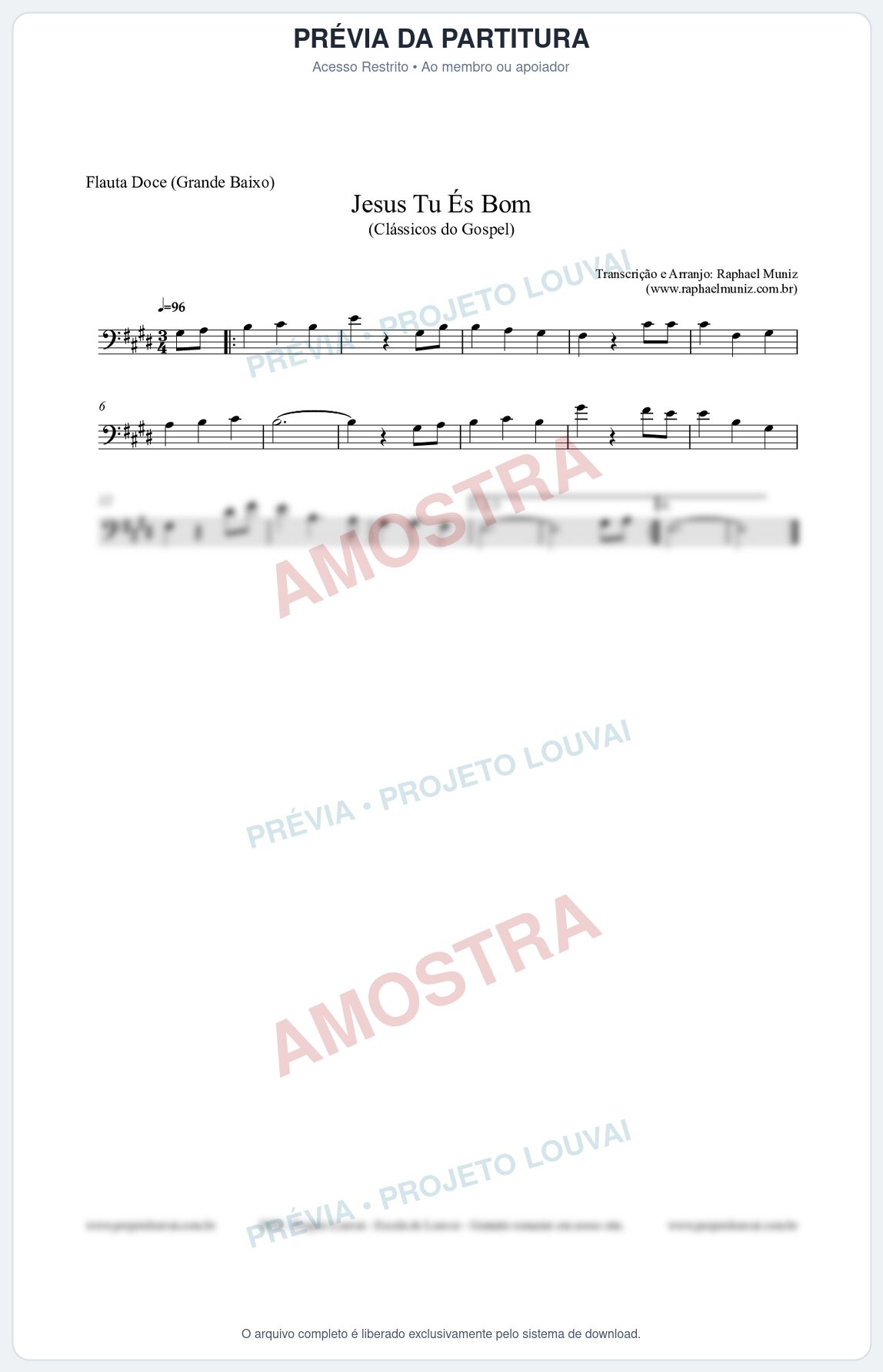 Prévia protegida da primeira página da partitura Partitura para Flauta Doce (Grande Baixo) - Jesus Tu És Bom - Harpa Cristã nº25 - Clássicos do Gospel