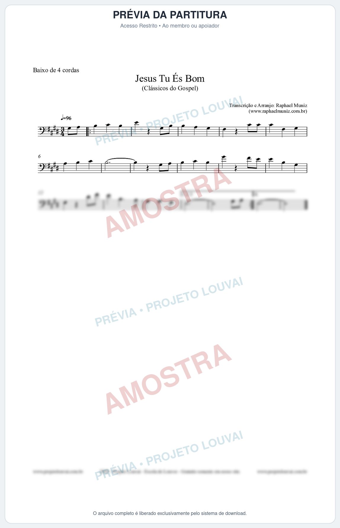 Prévia protegida da primeira página da partitura Partitura para Baixo de 4 cordas - Jesus Tu És Bom - Harpa Cristã nº25 - Clássicos do Gospel