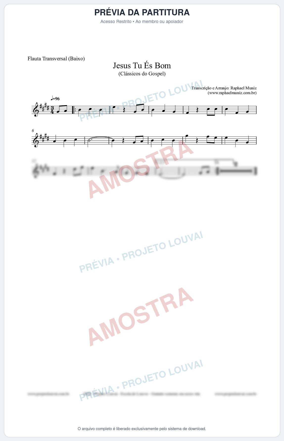 Prévia protegida da primeira página da partitura Partitura para Flauta Transversal (Baixo) - Jesus Tu És Bom - Harpa Cristã nº25 - Clássicos do Gospel