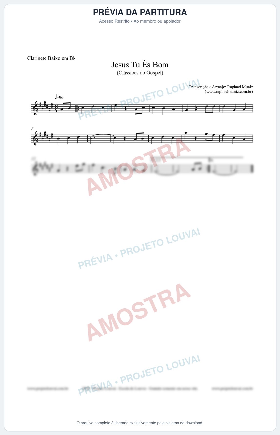 Prévia protegida da primeira página da partitura Partitura para Clarinete Baixo em Bb - Jesus Tu És Bom - Harpa Cristã nº25 - Clássicos do Gospel