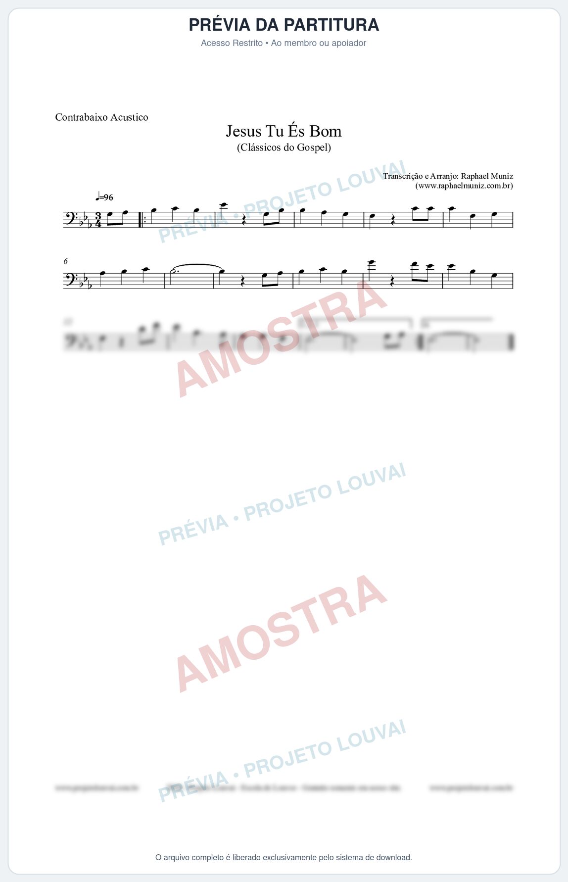 Prévia protegida da primeira página da partitura Partitura para Contrabaixo Acústico - Jesus Tu És Bom - Harpa Cristã nº25 - Clássicos do Gospel