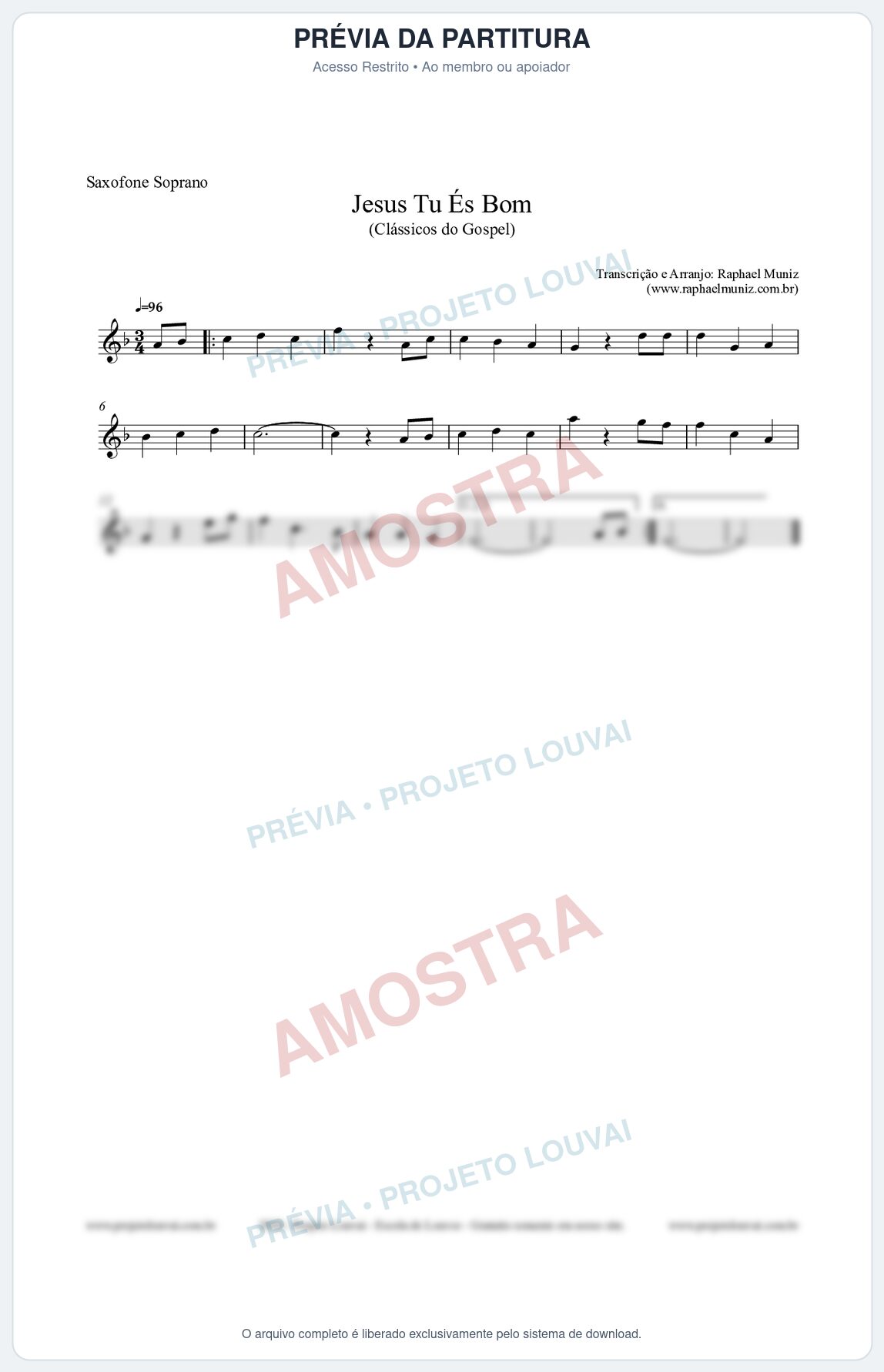 Prévia protegida da primeira página da partitura Partitura para Saxofone Soprano - Jesus Tu És Bom - Harpa Cristã nº25 - Clássicos do Gospel