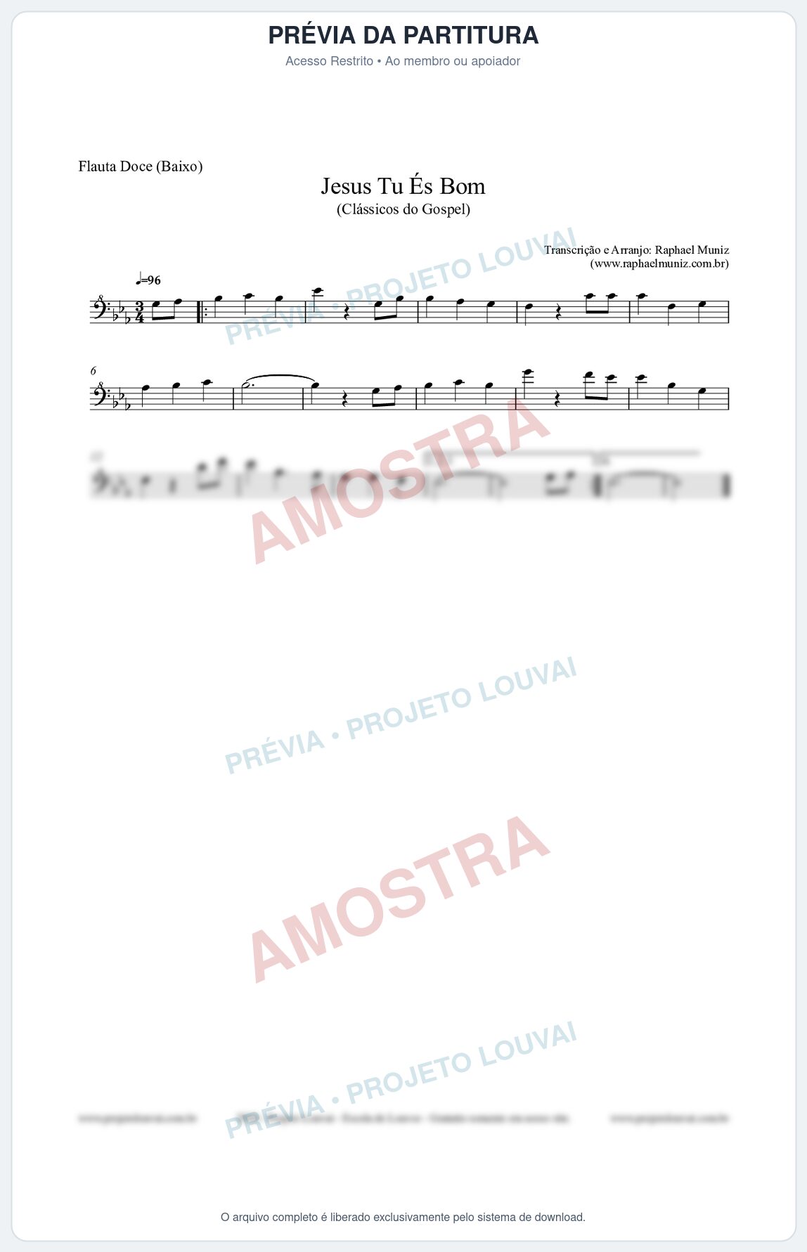 Prévia protegida da primeira página da partitura Partitura para Flauta Doce (Baixo) - Jesus Tu És Bom - Harpa Cristã nº25 - Clássicos do Gospel