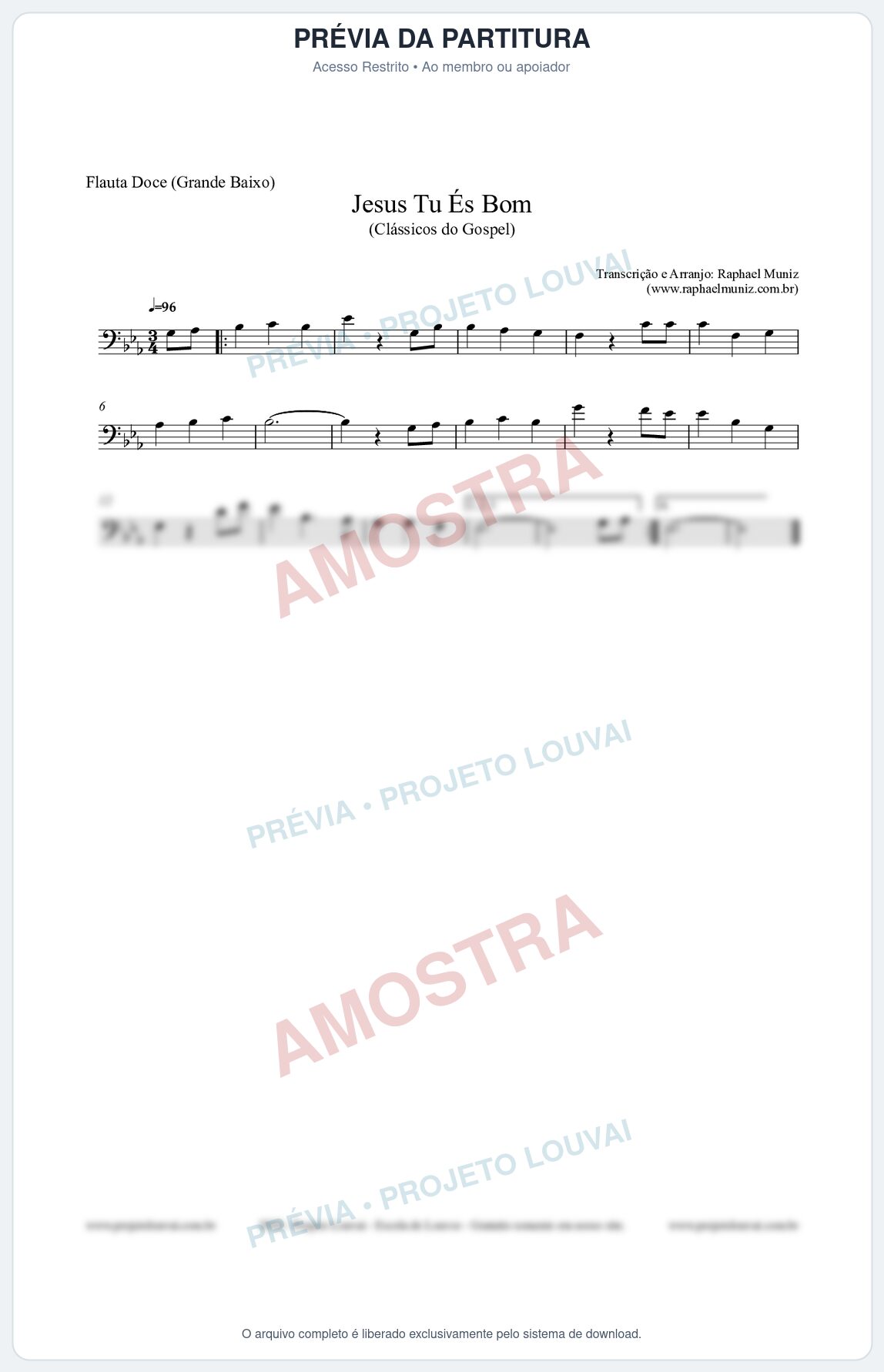 Prévia protegida da primeira página da partitura Partitura para Flauta Doce (Grande Baixo) - Jesus Tu És Bom - Harpa Cristã nº25 - Clássicos do Gospel