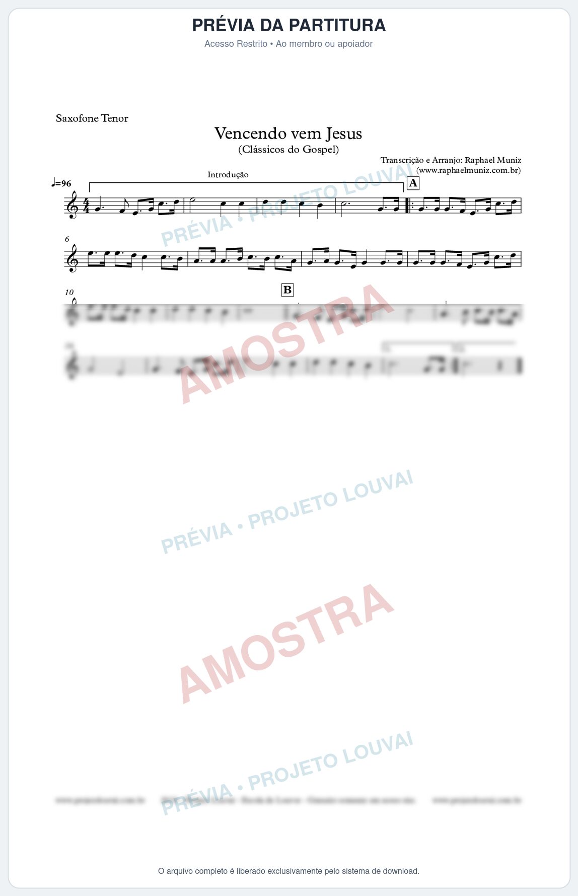 Prévia protegida da primeira página da partitura Partitura para Sax Tenor - Vencendo vem Jesus - Clássicos do Gospel