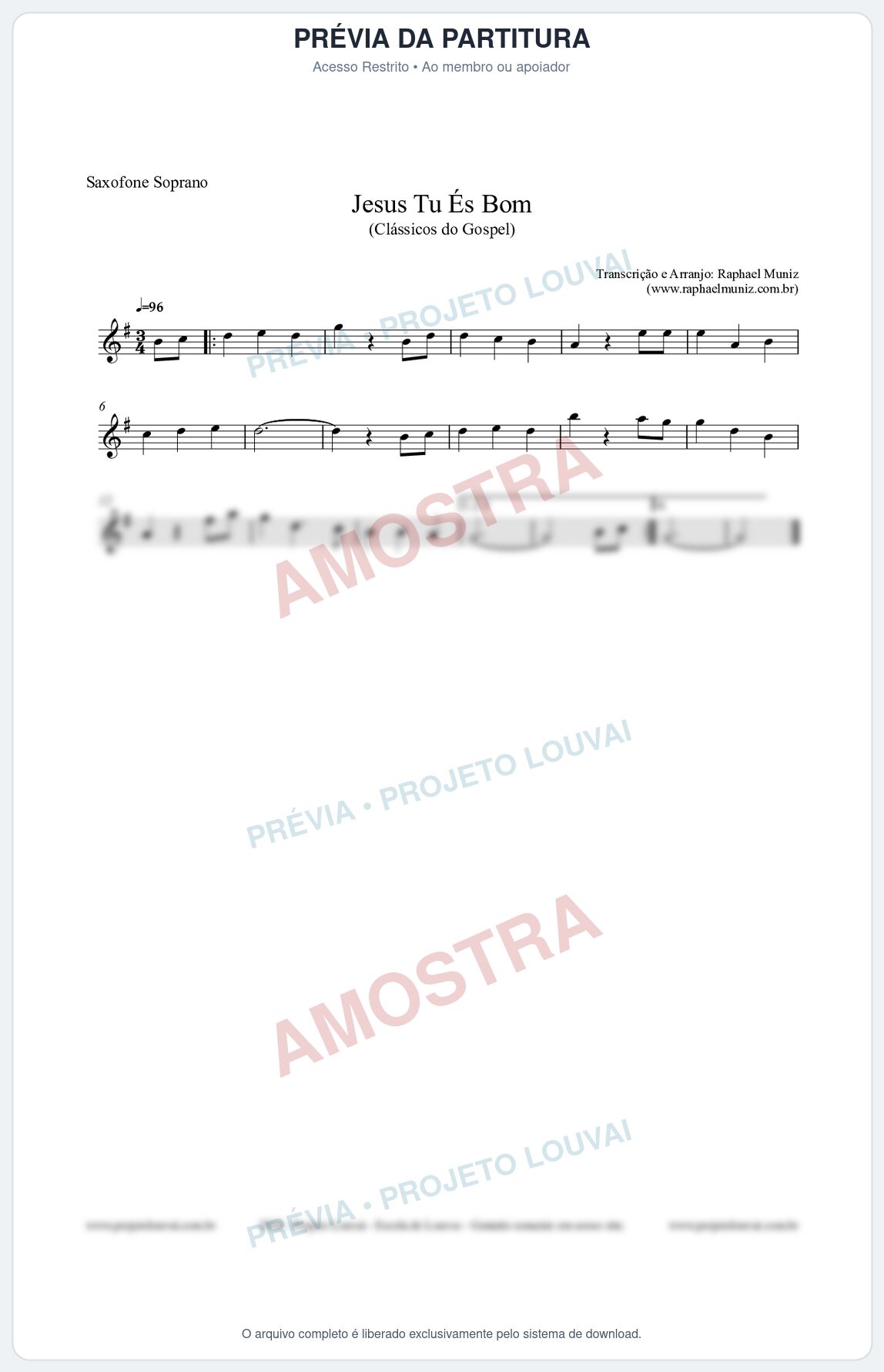 Prévia protegida da primeira página da partitura Partitura para Saxofone Soprano - Jesus Tu És Bom - Harpa Cristã nº25 - Clássicos do Gospel