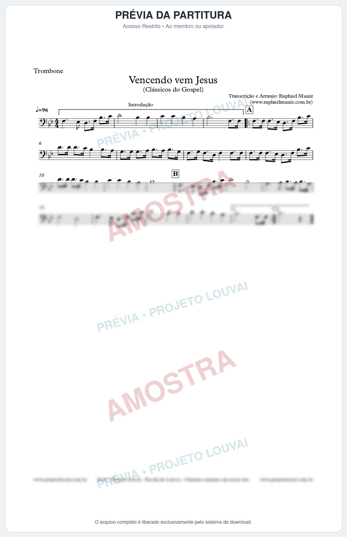 Prévia protegida da primeira página da partitura Partitura para Trombone - Vencendo vem Jesus - Clássicos do Gospel