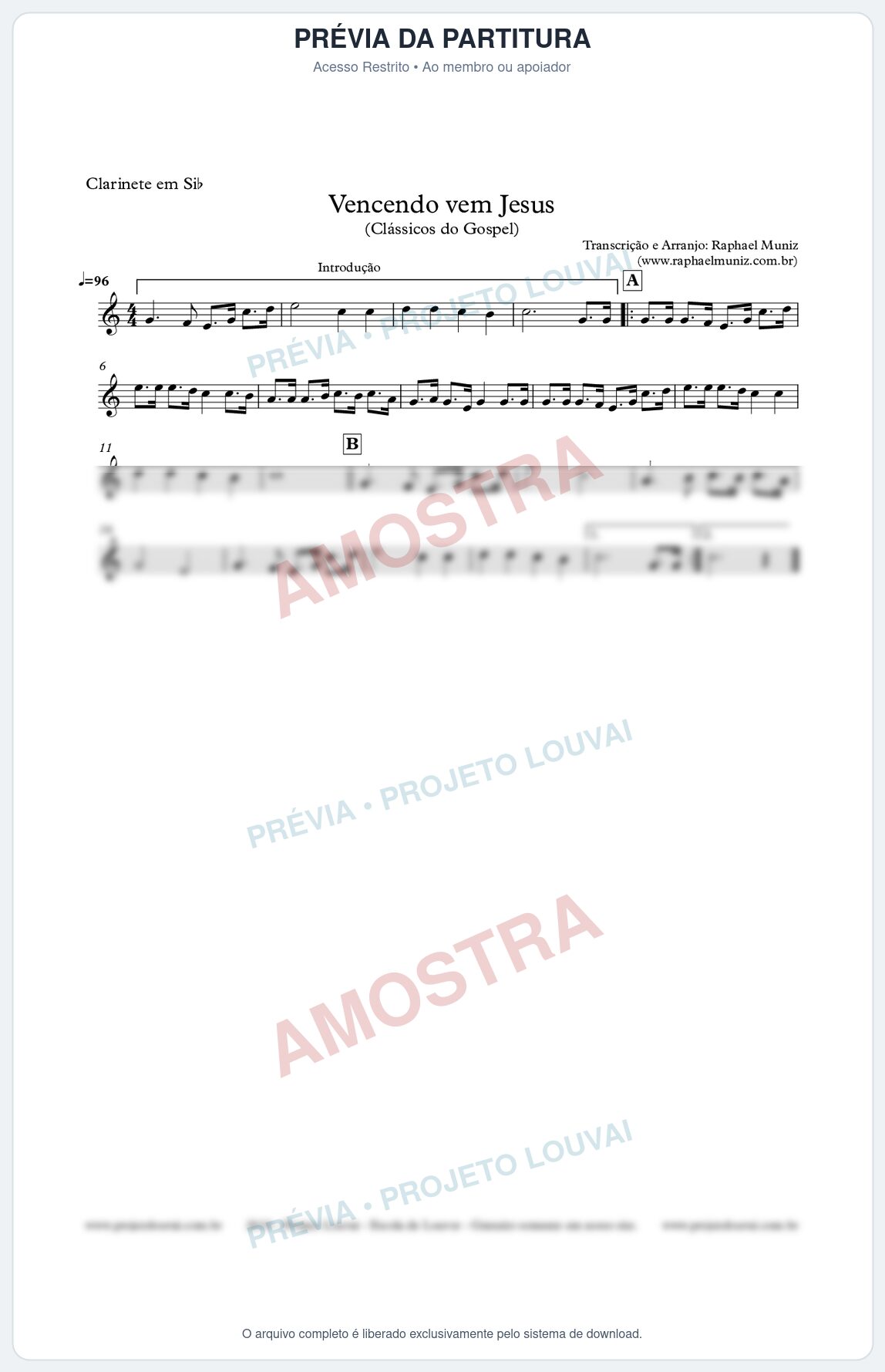 Prévia protegida da primeira página da partitura Partitura para Clarinete - Vencendo vem Jesus - Clássicos do Gospel