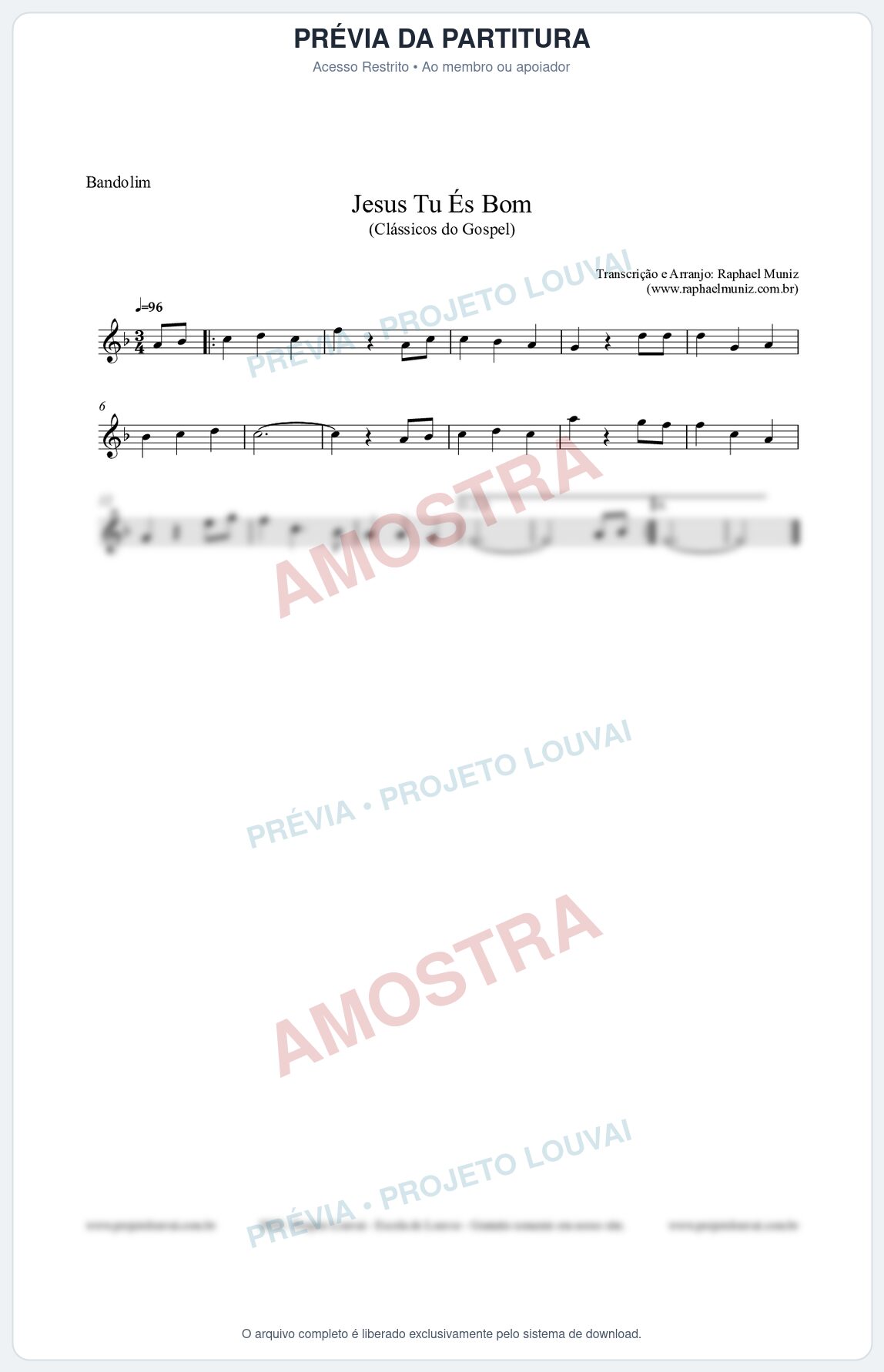 Prévia protegida da primeira página da partitura Partitura para Bandolim - Jesus Tu És Bom - Harpa Cristã nº25 - Clássicos do Gospel