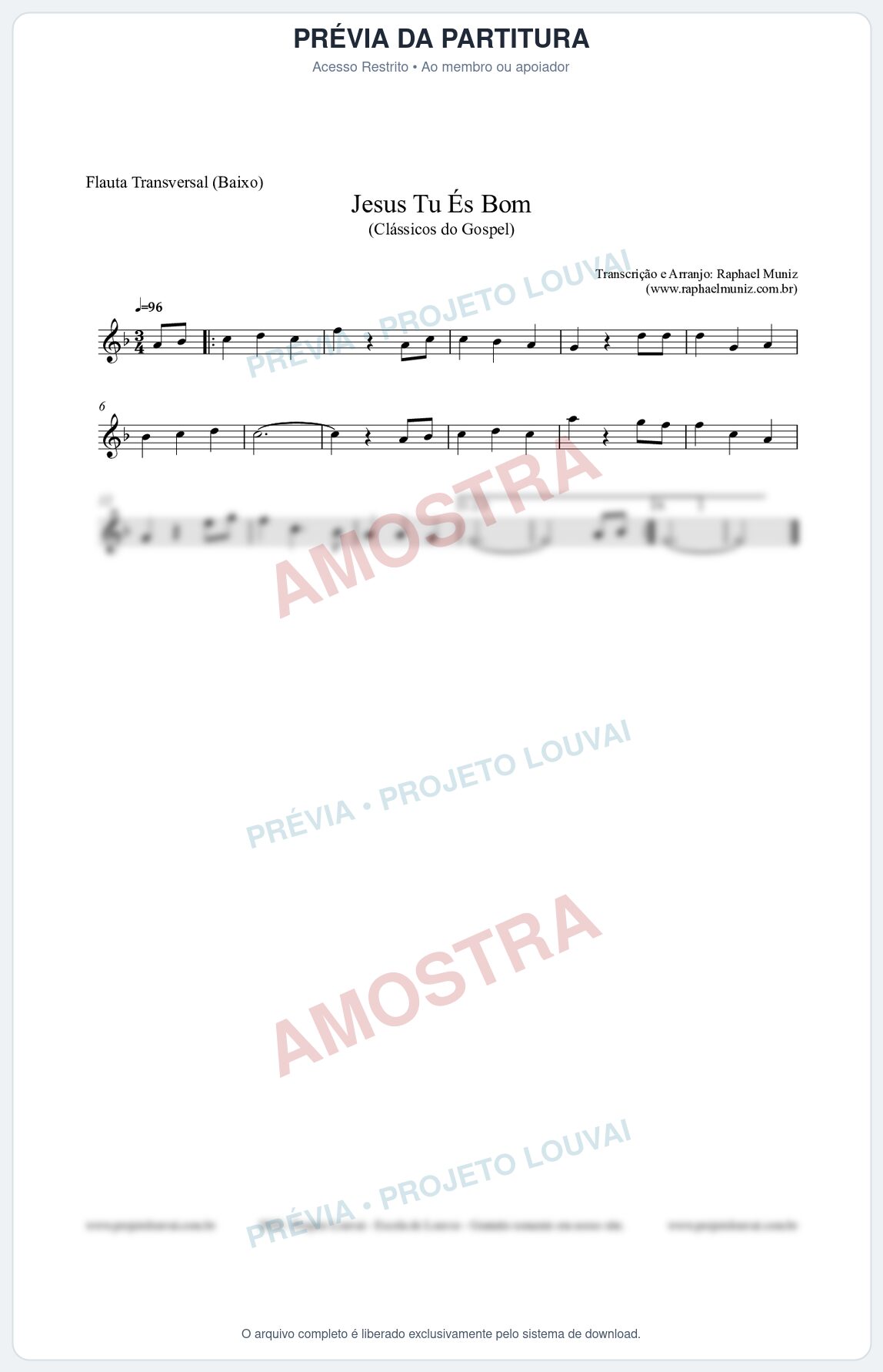 Prévia protegida da primeira página da partitura Partitura para Flauta Transversal (Baixo) - Jesus Tu És Bom - Harpa Cristã nº25 - Clássicos do Gospel