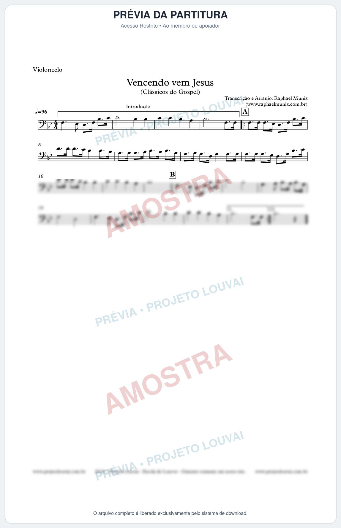 Prévia protegida da primeira página da partitura Partitura para Violoncelo - Vencendo vem Jesus - Clássicos do Gospel