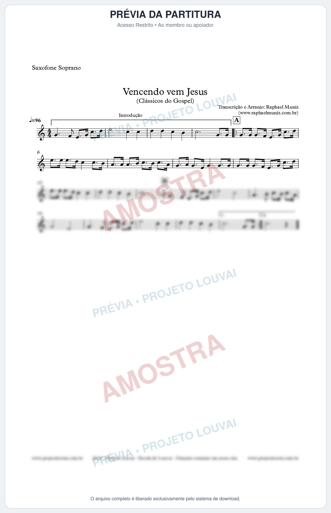 Prévia protegida da primeira página da partitura Partitura para Sax Soprano - Vencendo vem Jesus - Clássicos do Gospel