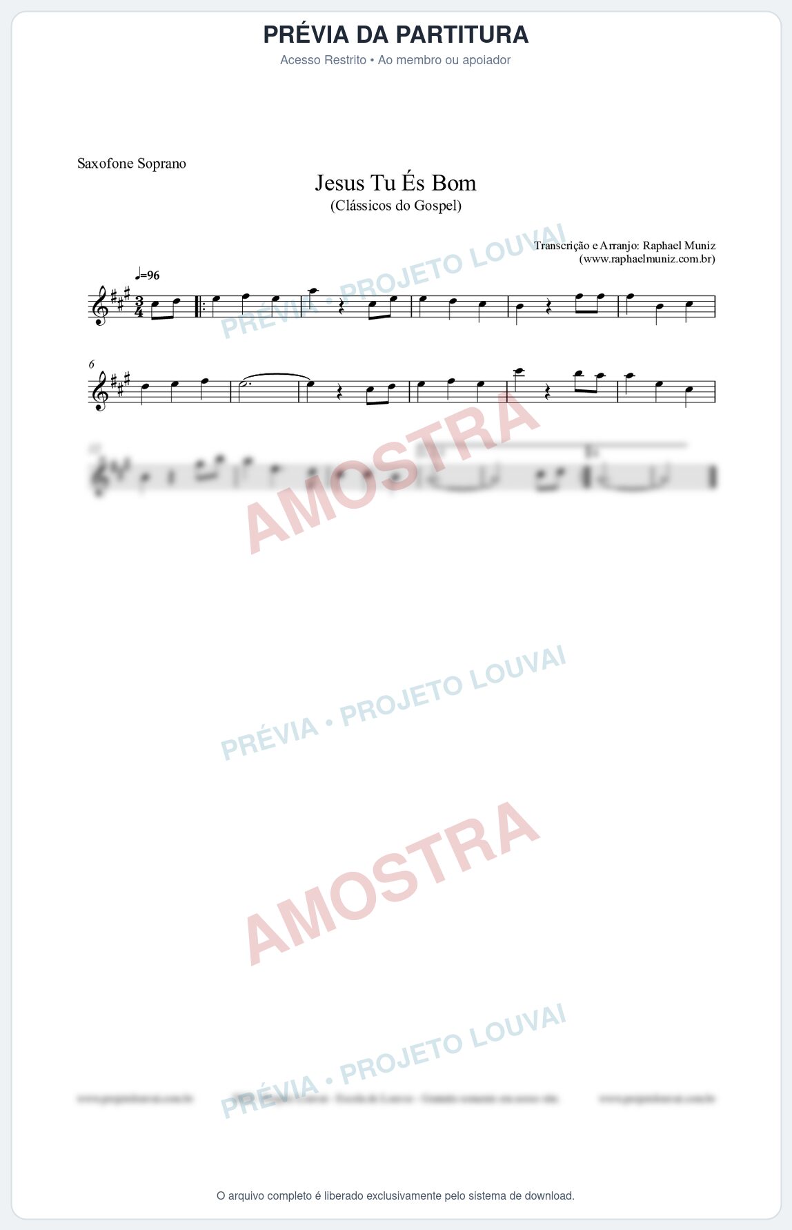 Prévia protegida da primeira página da partitura Partitura para Saxofone Soprano - Jesus Tu És Bom - Harpa Cristã nº25 - Clássicos do Gospel