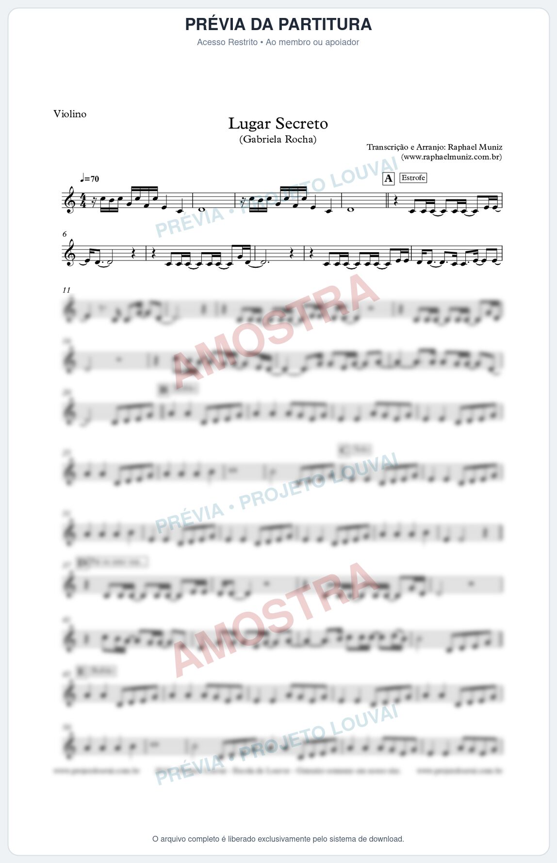 Prévia protegida da primeira página da partitura Partitura para Violino - Lugar Secreto - Gabriela Rocha
