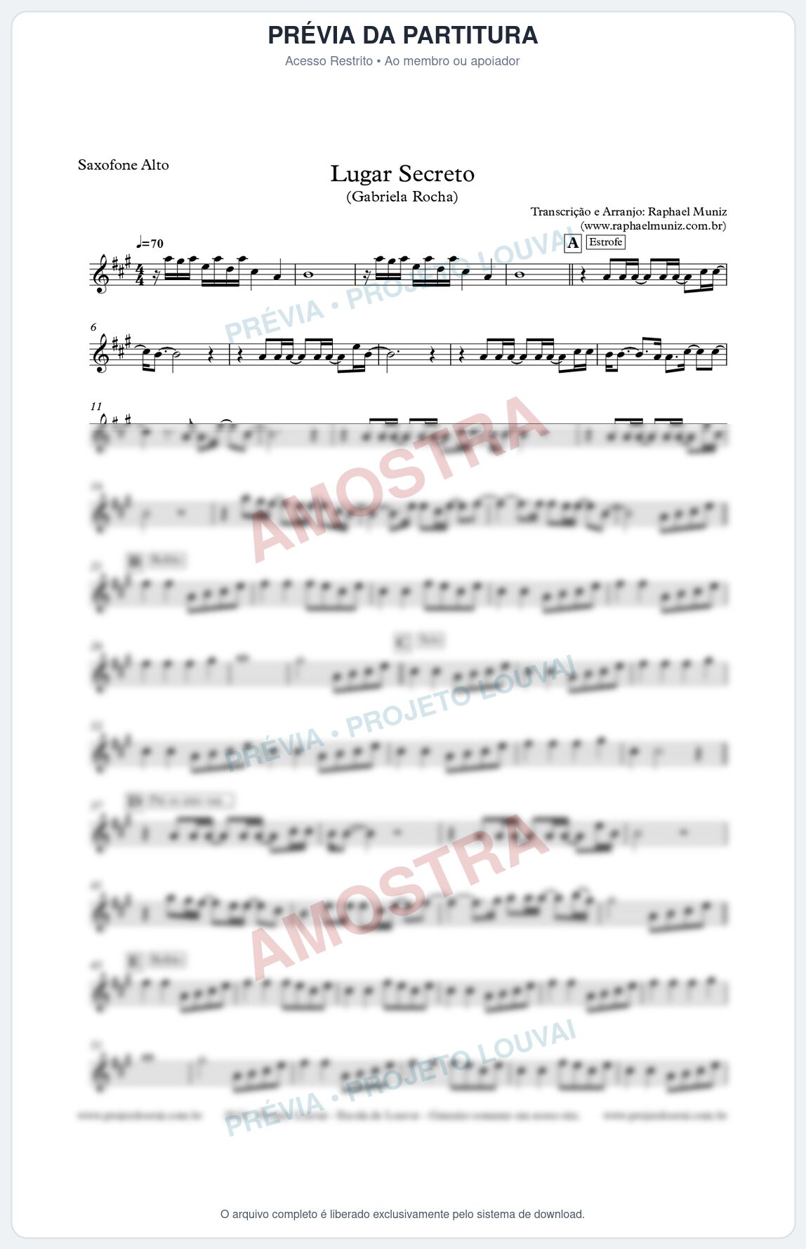 Prévia protegida da primeira página da partitura Partitura para Sax Alto - Lugar Secreto - Gabriela Rocha