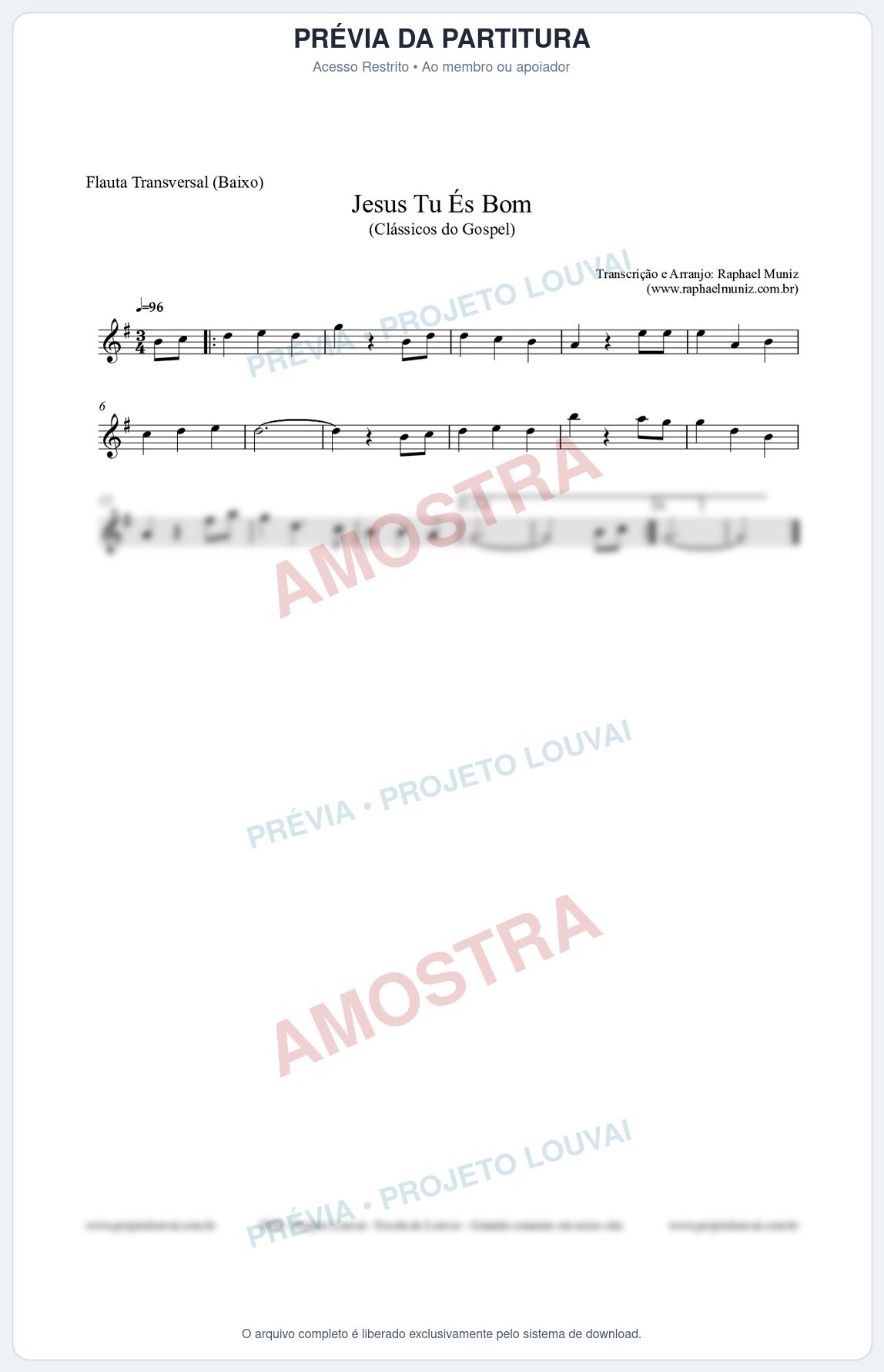 Prévia protegida da primeira página da partitura Partitura para Flauta Transversal (Baixo) - Jesus Tu És Bom - Harpa Cristã nº25 - Clássicos do Gospel