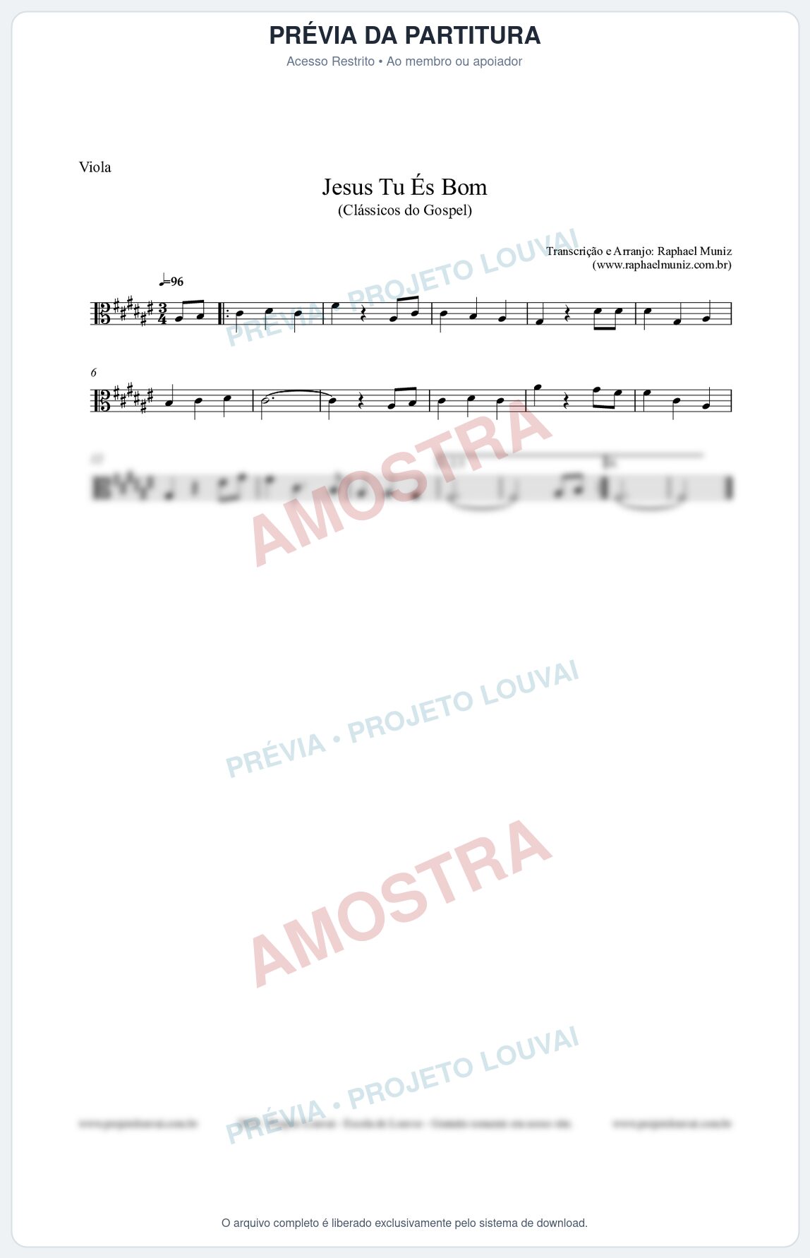 Prévia protegida da primeira página da partitura Partitura para Viola - Jesus Tu És Bom - Harpa Cristã nº25 - Clássicos do Gospel
