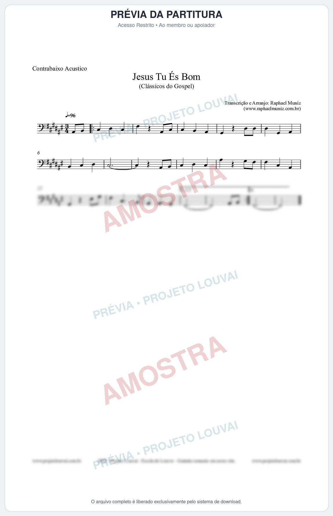 Prévia protegida da primeira página da partitura Partitura para Contrabaixo Acústico - Jesus Tu És Bom - Harpa Cristã nº25 - Clássicos do Gospel