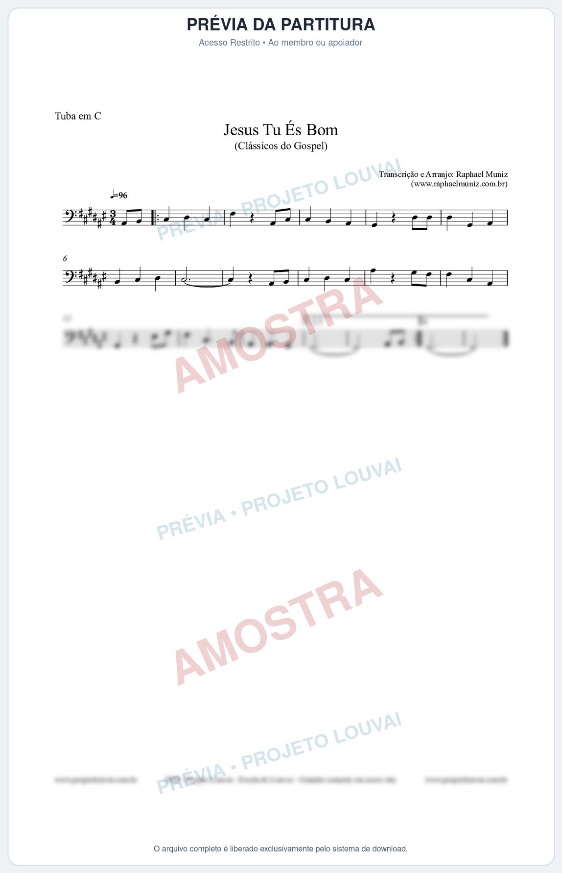 Prévia protegida da primeira página da partitura Partitura para Tuba em C - Jesus Tu És Bom - Harpa Cristã nº25 - Clássicos do Gospel