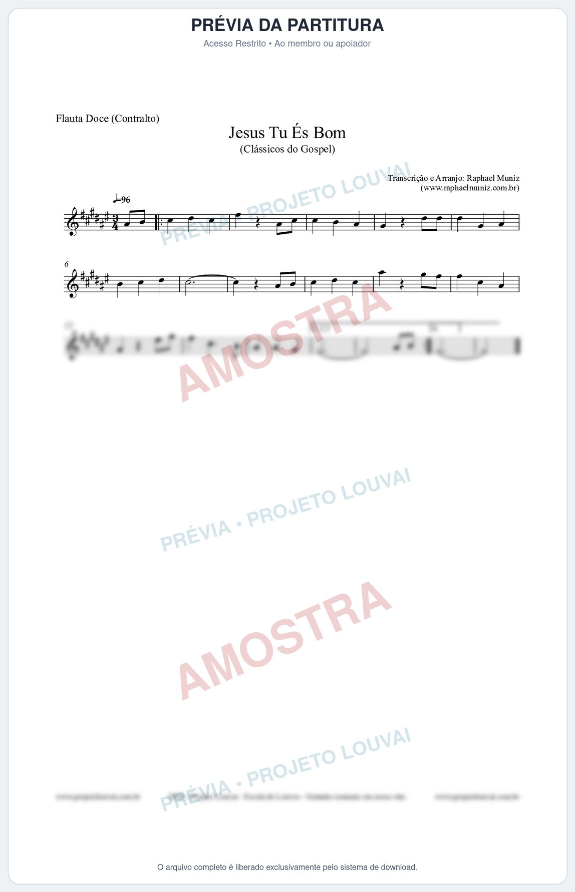 Prévia protegida da primeira página da partitura Partitura para Flauta Doce (Contralto) - Jesus Tu És Bom - Harpa Cristã nº25 - Clássicos do Gospel