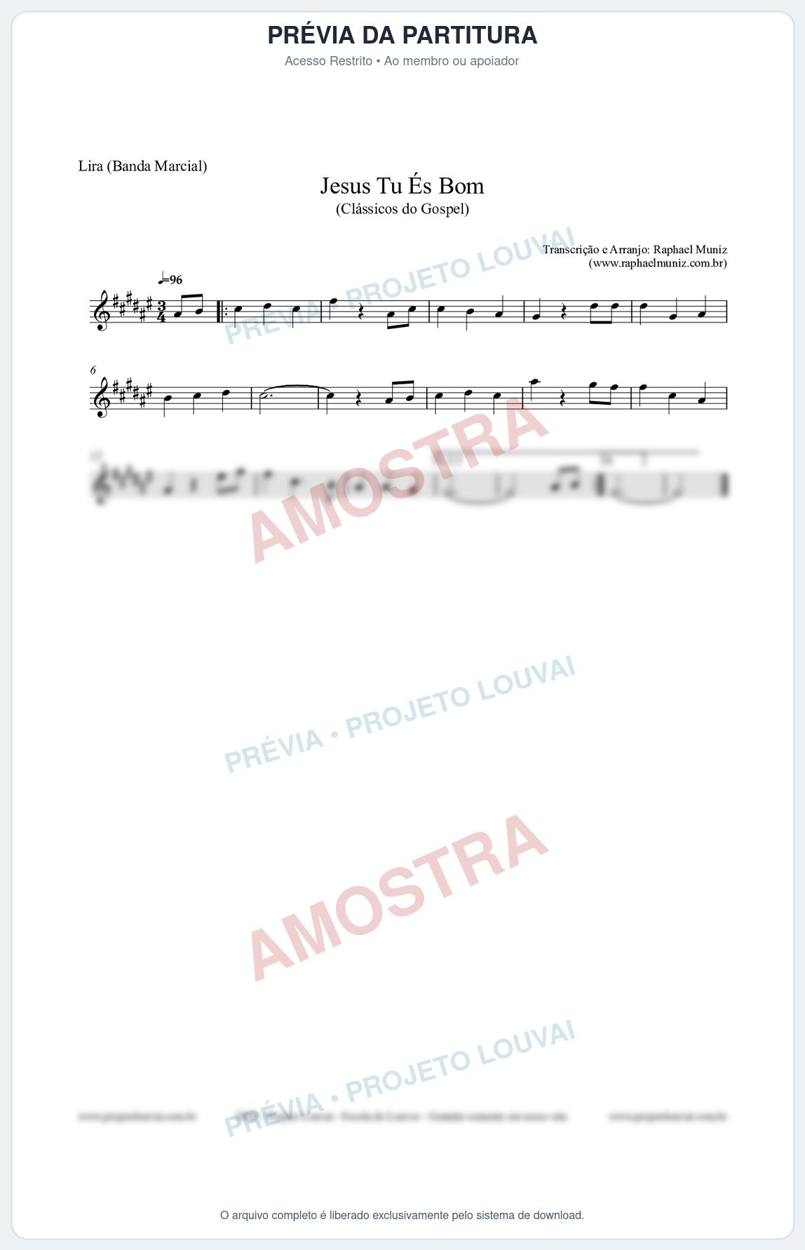 Prévia protegida da primeira página da partitura Partitura para Lira (Banda Marcial) - Jesus Tu És Bom - Harpa Cristã nº25 - Clássicos do Gospel