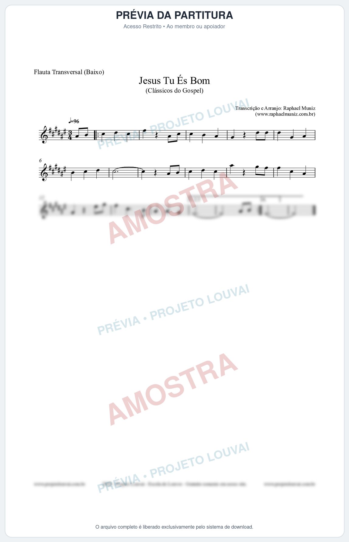 Prévia protegida da primeira página da partitura Partitura para Flauta Transversal (Baixo) - Jesus Tu És Bom - Harpa Cristã nº25 - Clássicos do Gospel