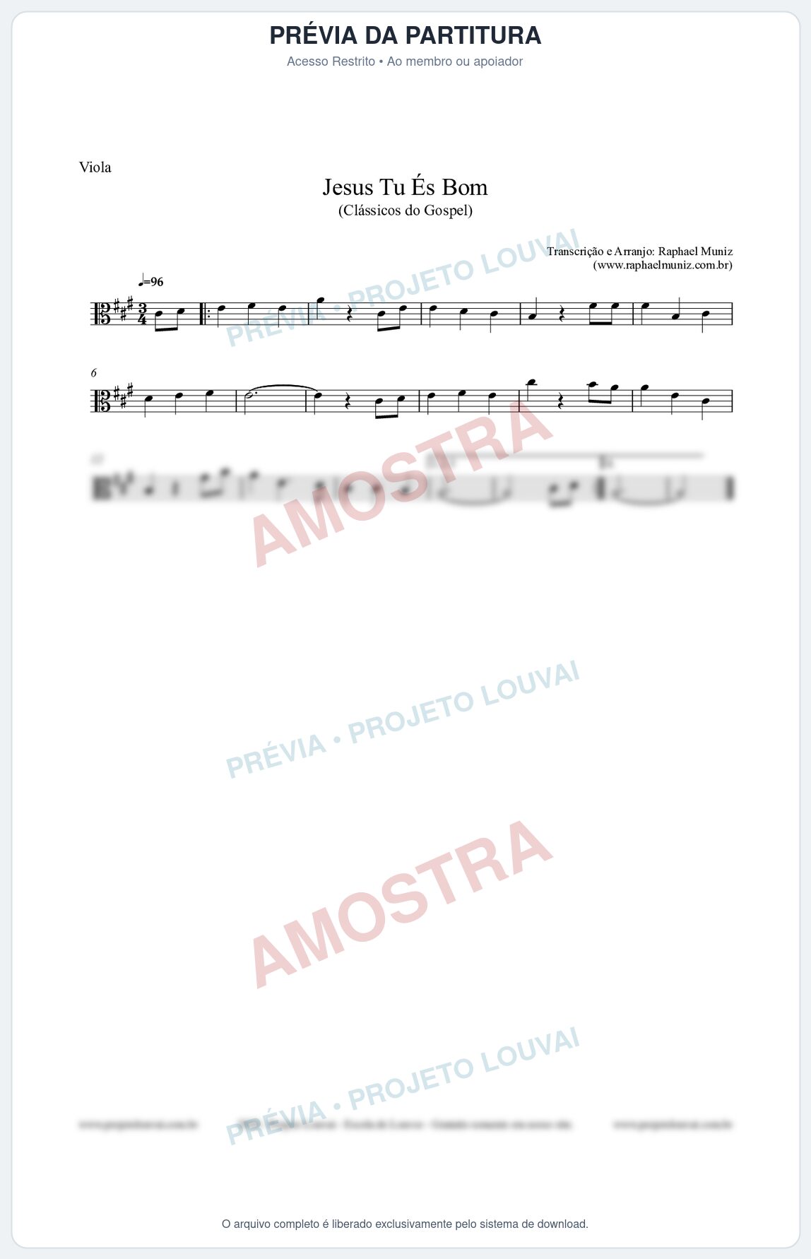 Prévia protegida da primeira página da partitura Partitura para Viola - Jesus Tu És Bom - Harpa Cristã nº25 - Clássicos do Gospel