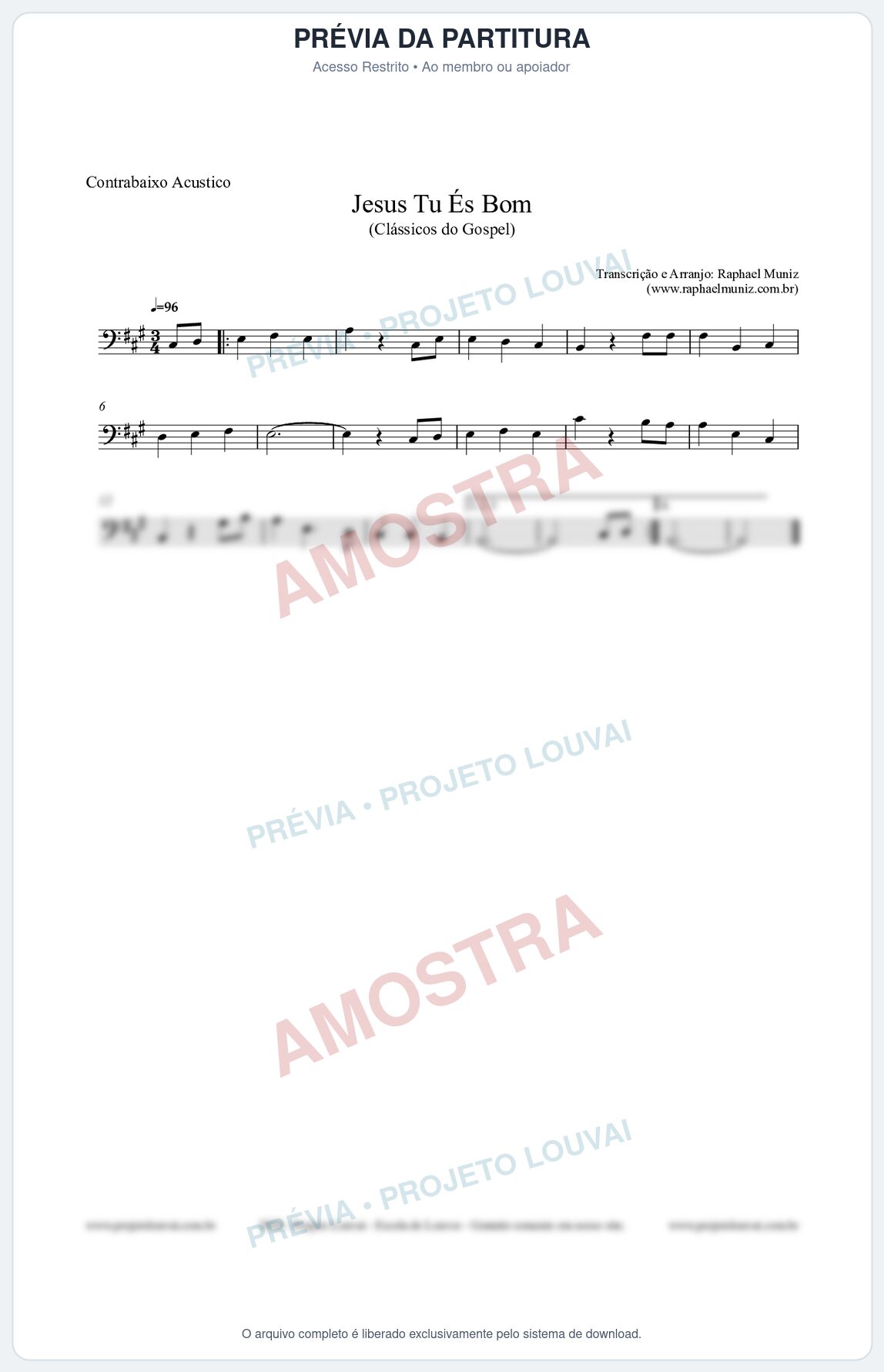 Prévia protegida da primeira página da partitura Partitura para Contrabaixo Acústico - Jesus Tu És Bom - Harpa Cristã nº25 - Clássicos do Gospel