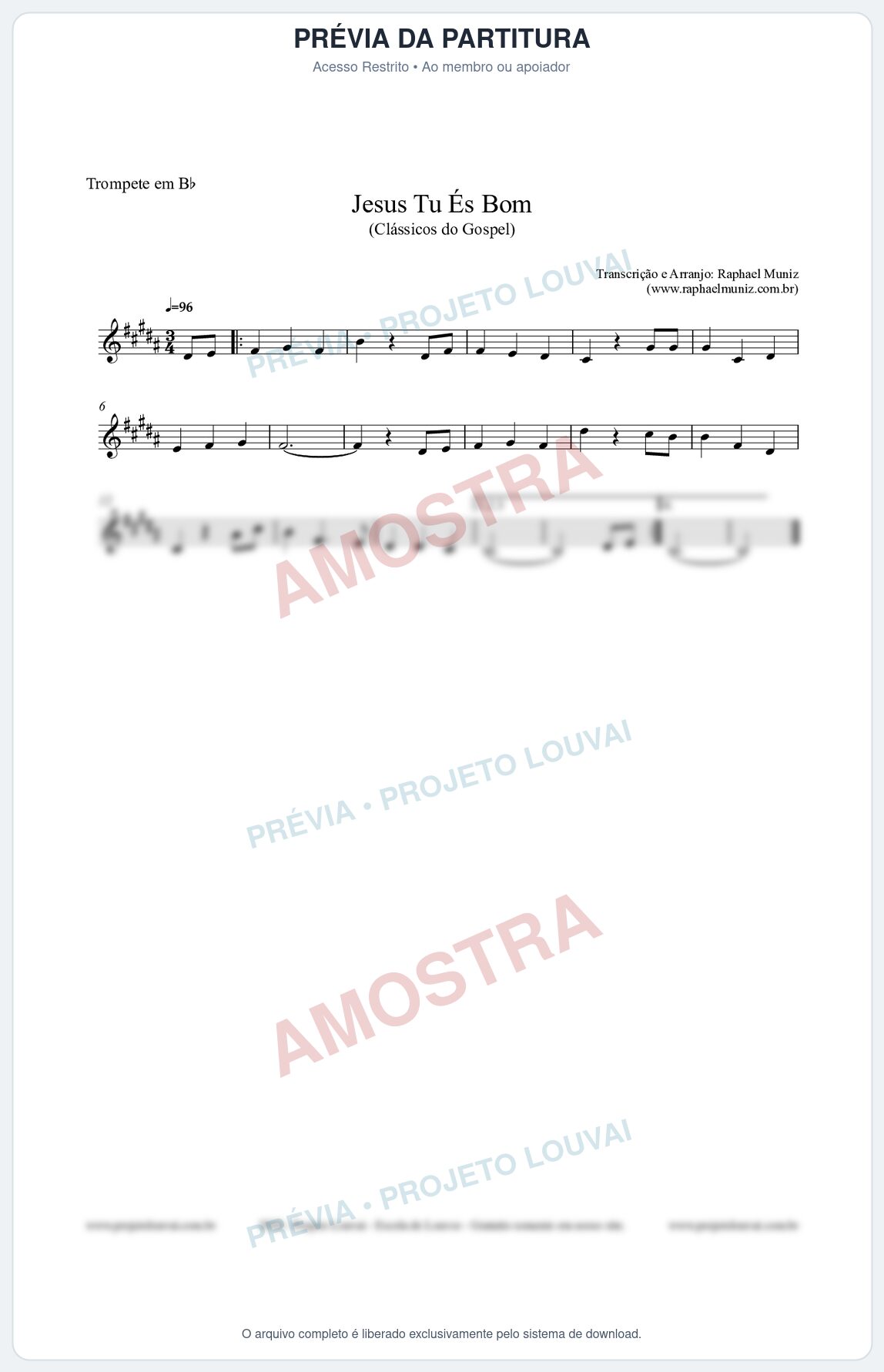 Prévia protegida da primeira página da partitura Partitura para Trompete em Bb - Jesus Tu És Bom - Harpa Cristã nº25 - Clássicos do Gospel