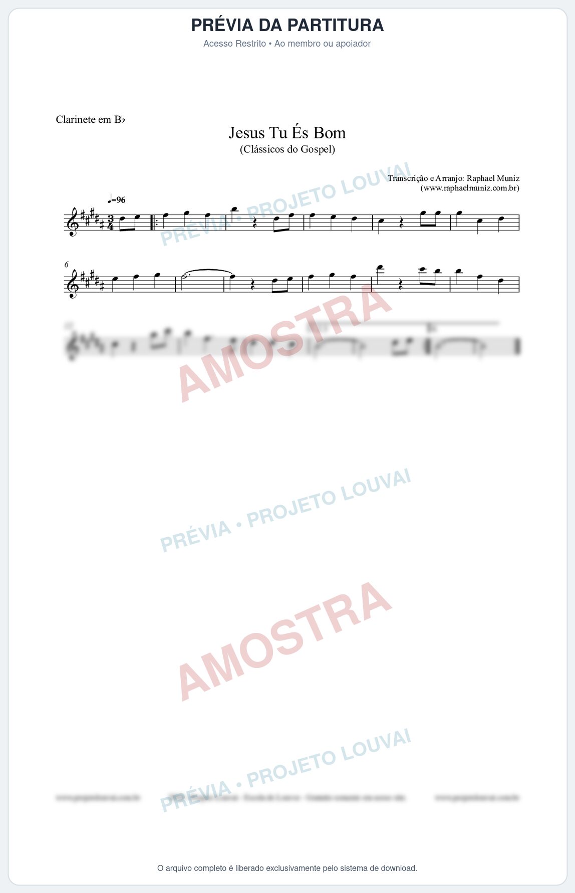 Prévia protegida da primeira página da partitura Partitura para Clarinete em Bb - Jesus Tu És Bom - Harpa Cristã nº25 - Clássicos do Gospel