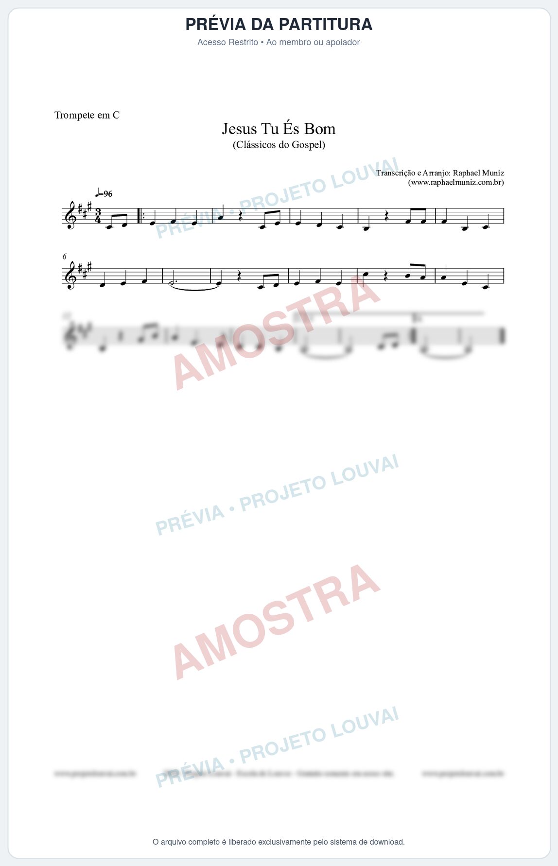 Prévia protegida da primeira página da partitura Partitura para Trompete em C - Jesus Tu És Bom - Harpa Cristã nº25 - Clássicos do Gospel