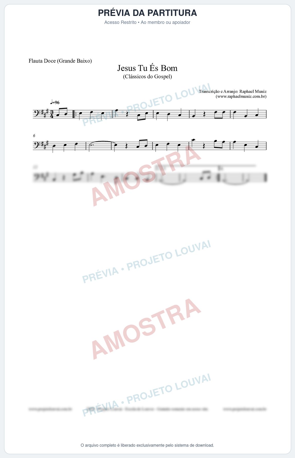 Prévia protegida da primeira página da partitura Partitura para Flauta Doce (Grande Baixo) - Jesus Tu És Bom - Harpa Cristã nº25 - Clássicos do Gospel