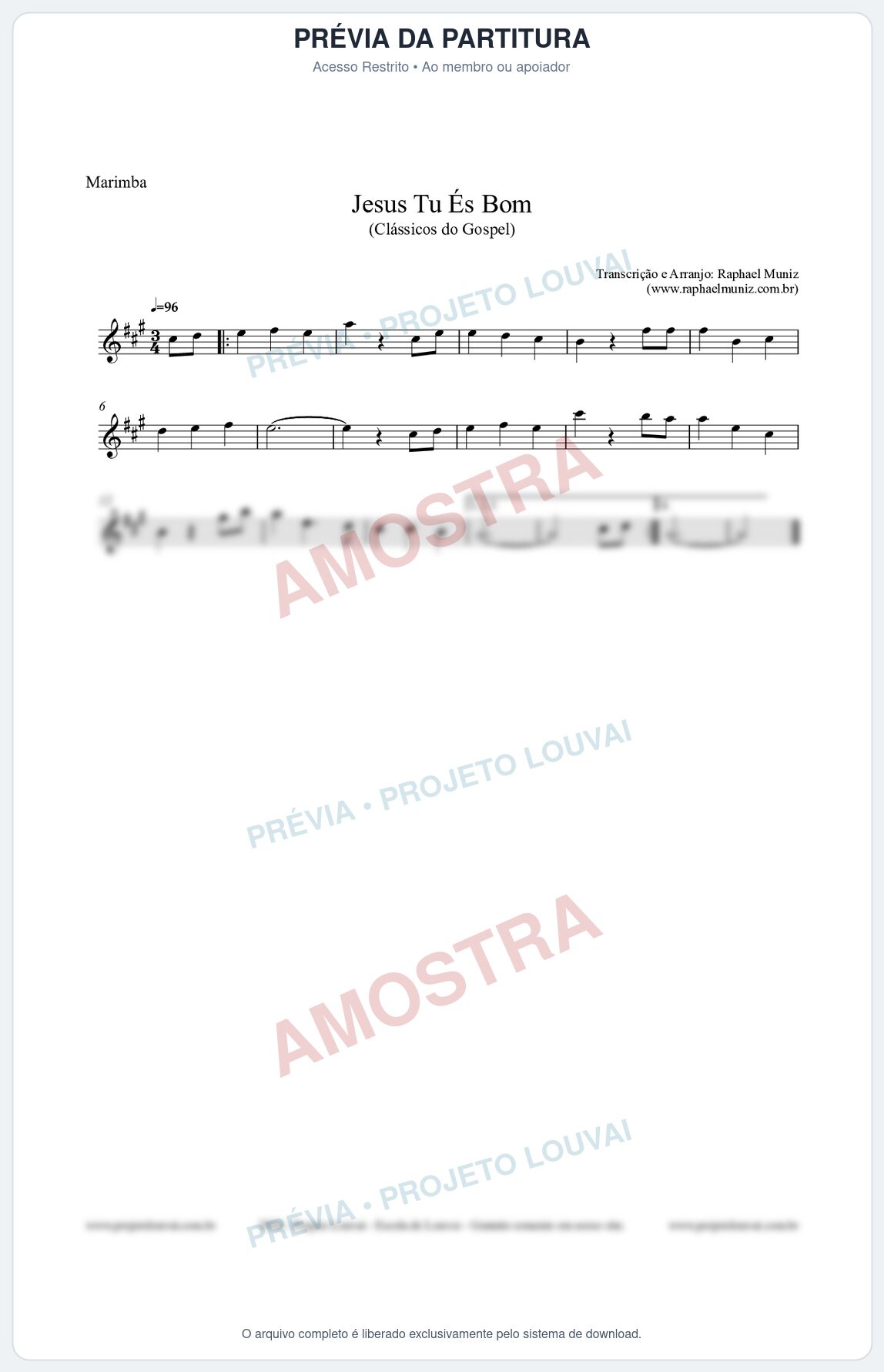 Prévia protegida da primeira página da partitura Partitura para Marimba - Jesus Tu És Bom - Harpa Cristã nº25 - Clássicos do Gospel