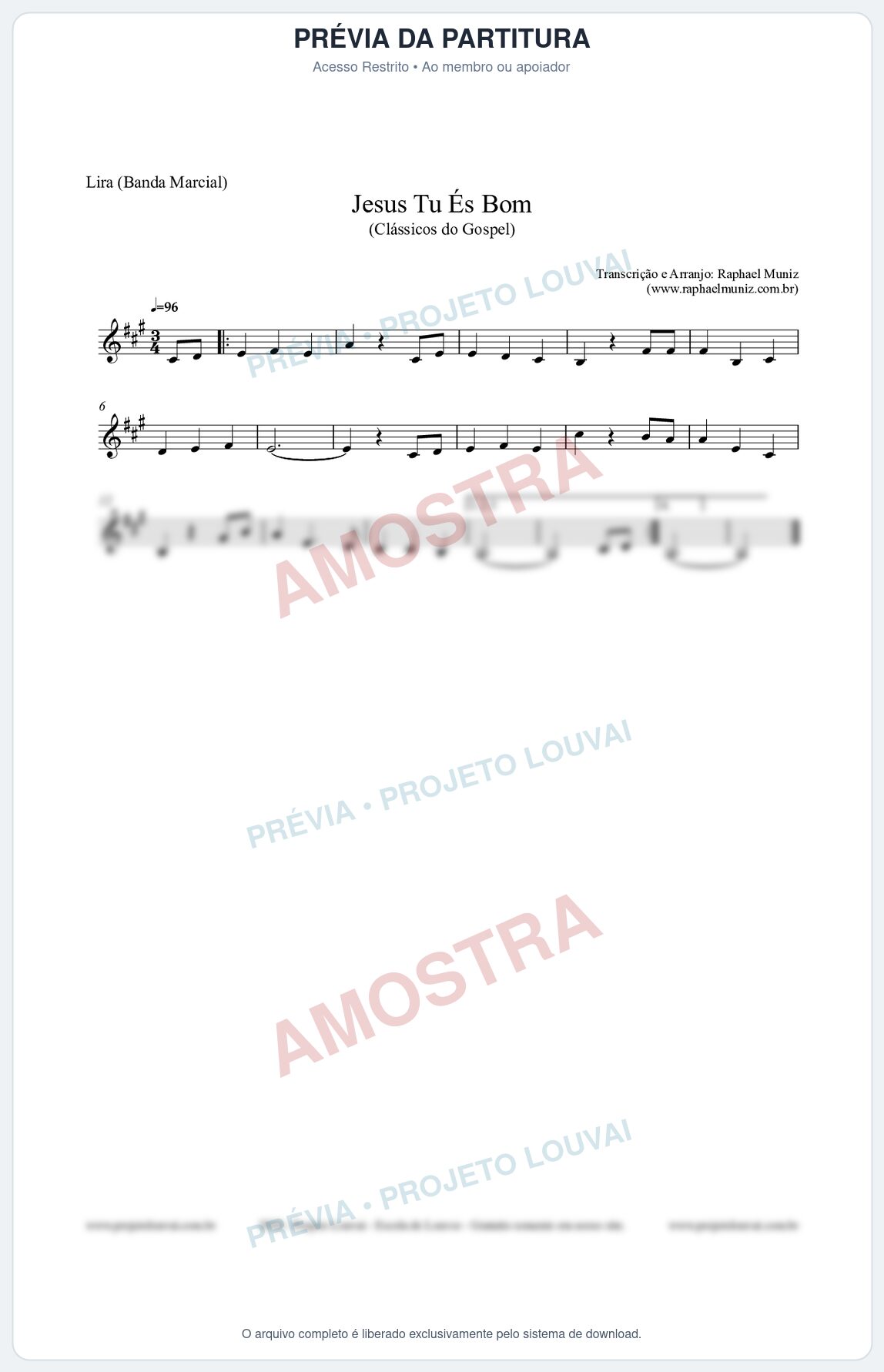 Prévia protegida da primeira página da partitura Partitura para Lira (Banda Marcial) - Jesus Tu És Bom - Harpa Cristã nº25 - Clássicos do Gospel