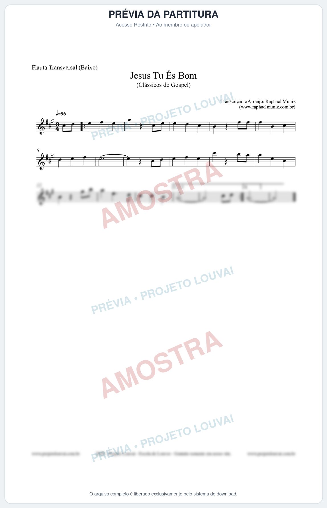 Prévia protegida da primeira página da partitura Partitura para Flauta Transversal (Baixo) - Jesus Tu És Bom - Harpa Cristã nº25 - Clássicos do Gospel