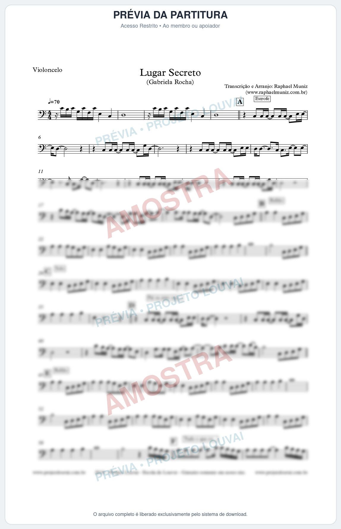 Prévia protegida da primeira página da partitura Partitura para Violoncelo - Lugar Secreto - Gabriela Rocha