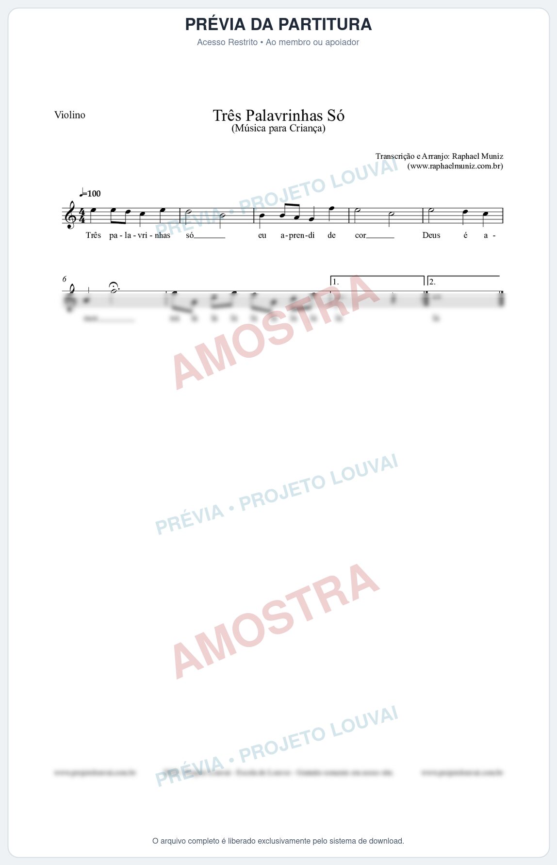 Prévia protegida da primeira página da partitura Partitura para Violino - Três Palavrinhas Só - Música Infantil