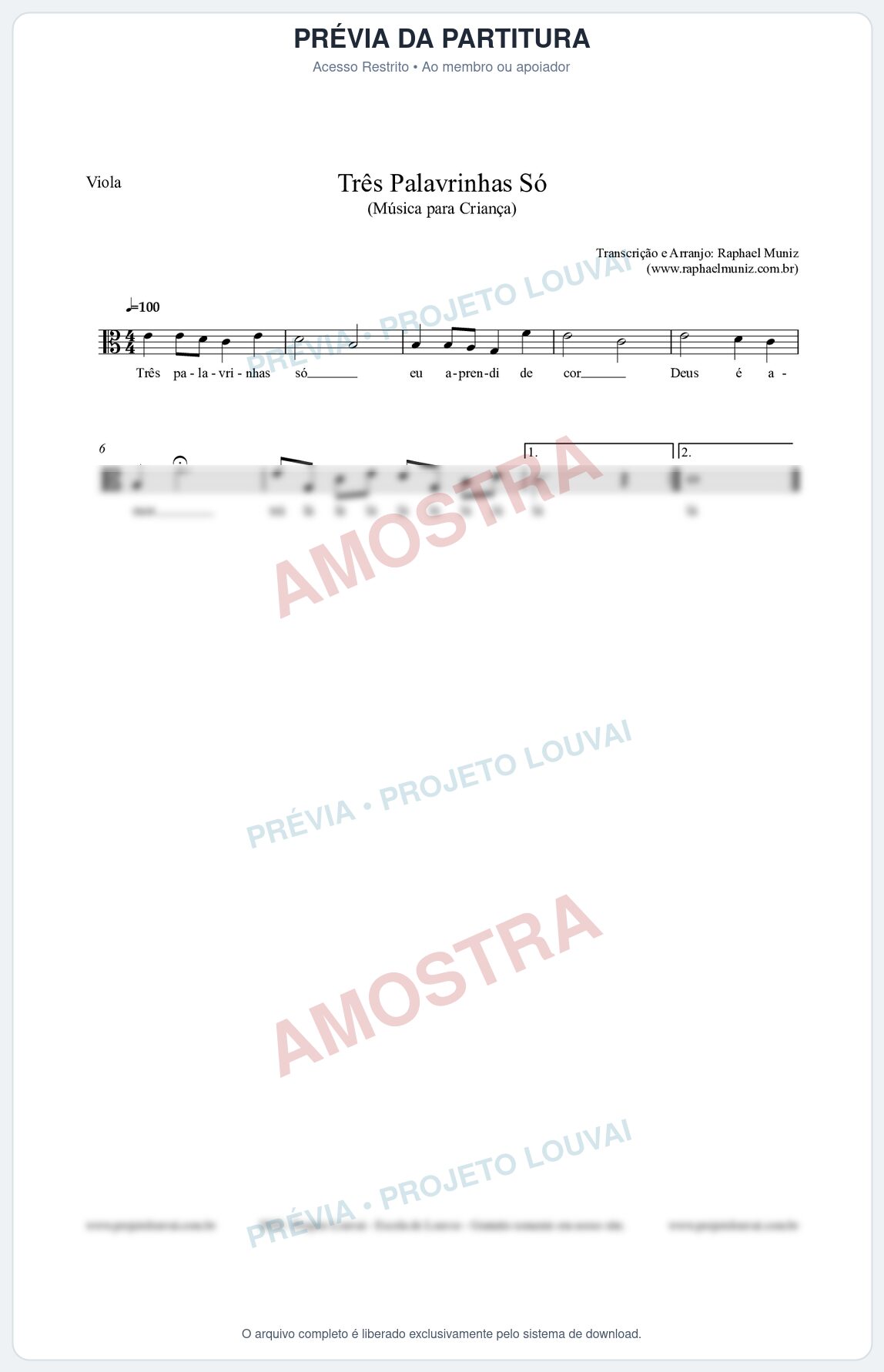 Prévia protegida da primeira página da partitura Partitura para Viola - Três Palavrinhas Só - Música Infantil