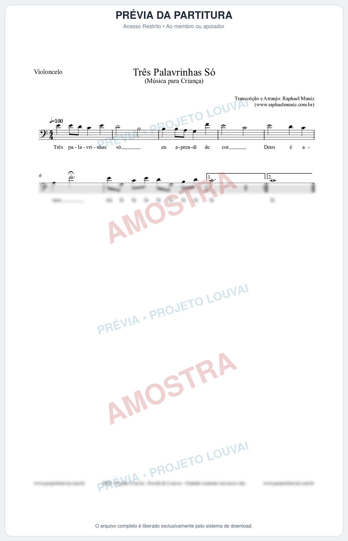 Prévia protegida da primeira página da partitura Partitura para Violoncelo - Três Palavrinhas Só - Música Infantil