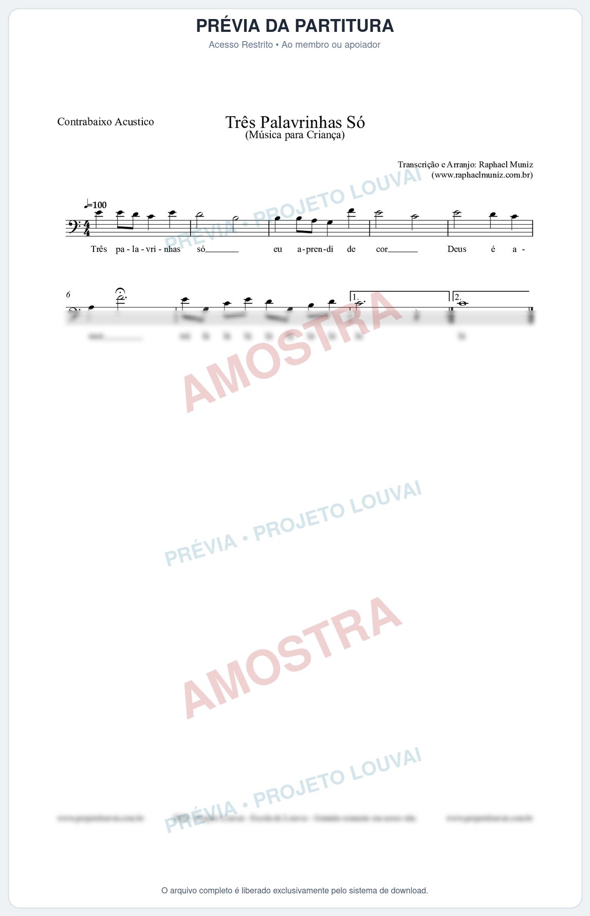 Prévia protegida da primeira página da partitura Partitura para Contrabaixo Acústico - Três Palavrinhas Só - Música Infantil