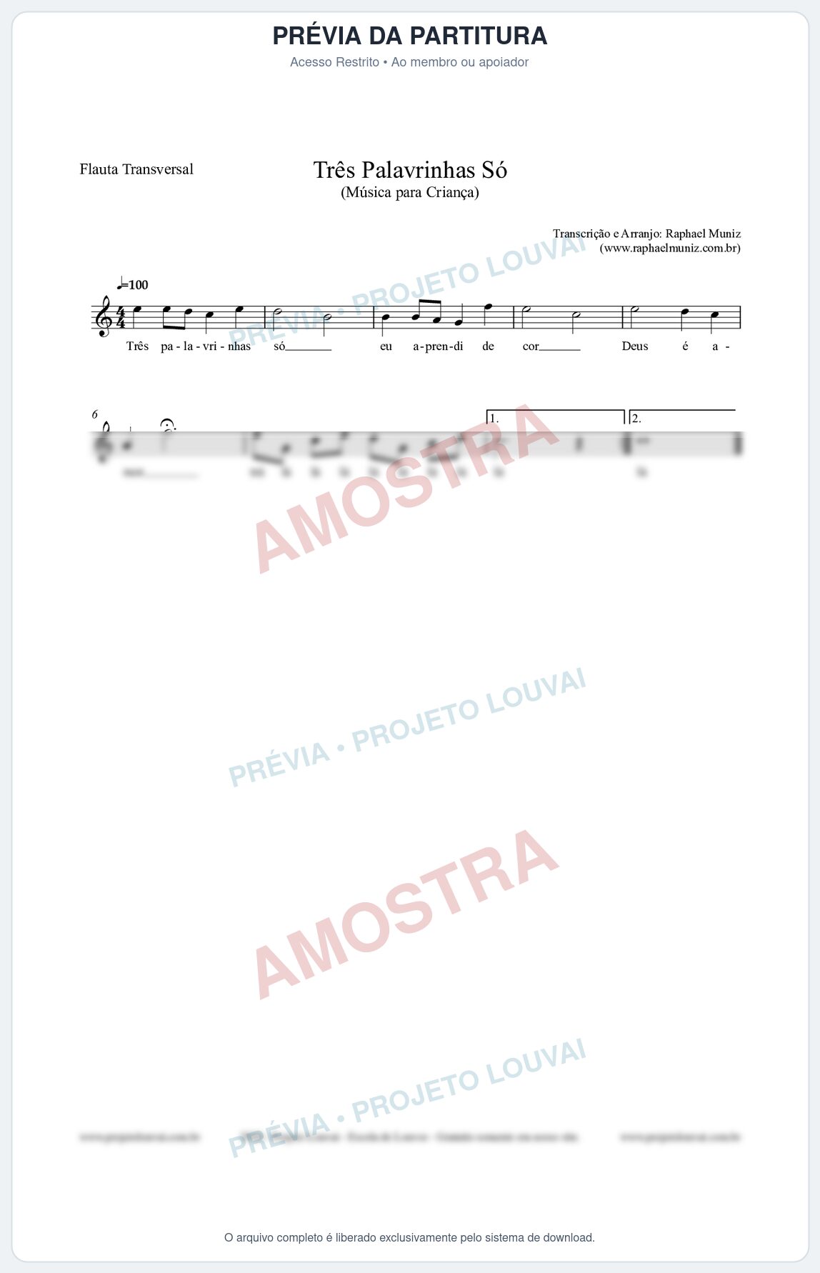 Prévia protegida da primeira página da partitura Partitura para Flauta Transversal - Três Palavrinhas Só - Música Infantil