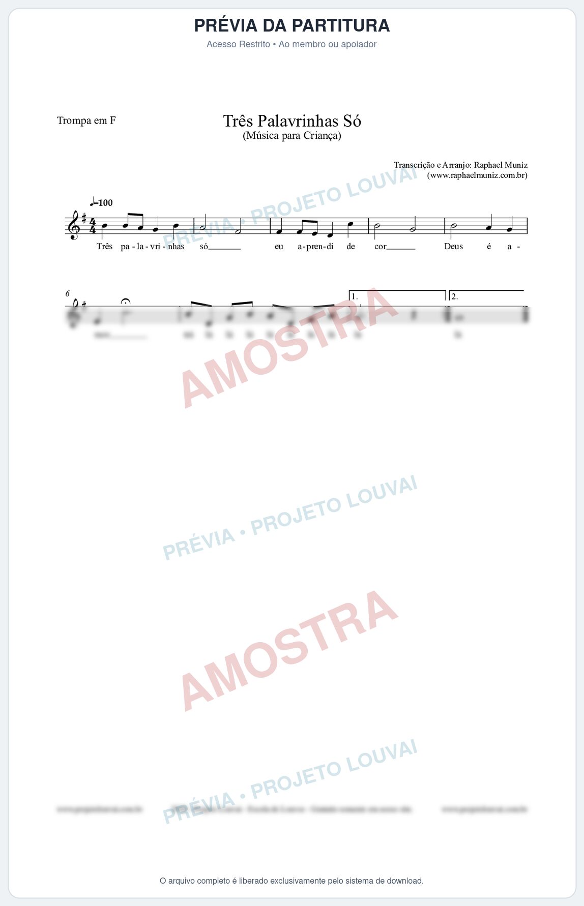 Prévia protegida da primeira página da partitura Partitura para Trompa em F - Três Palavrinhas Só - Música Infantil
