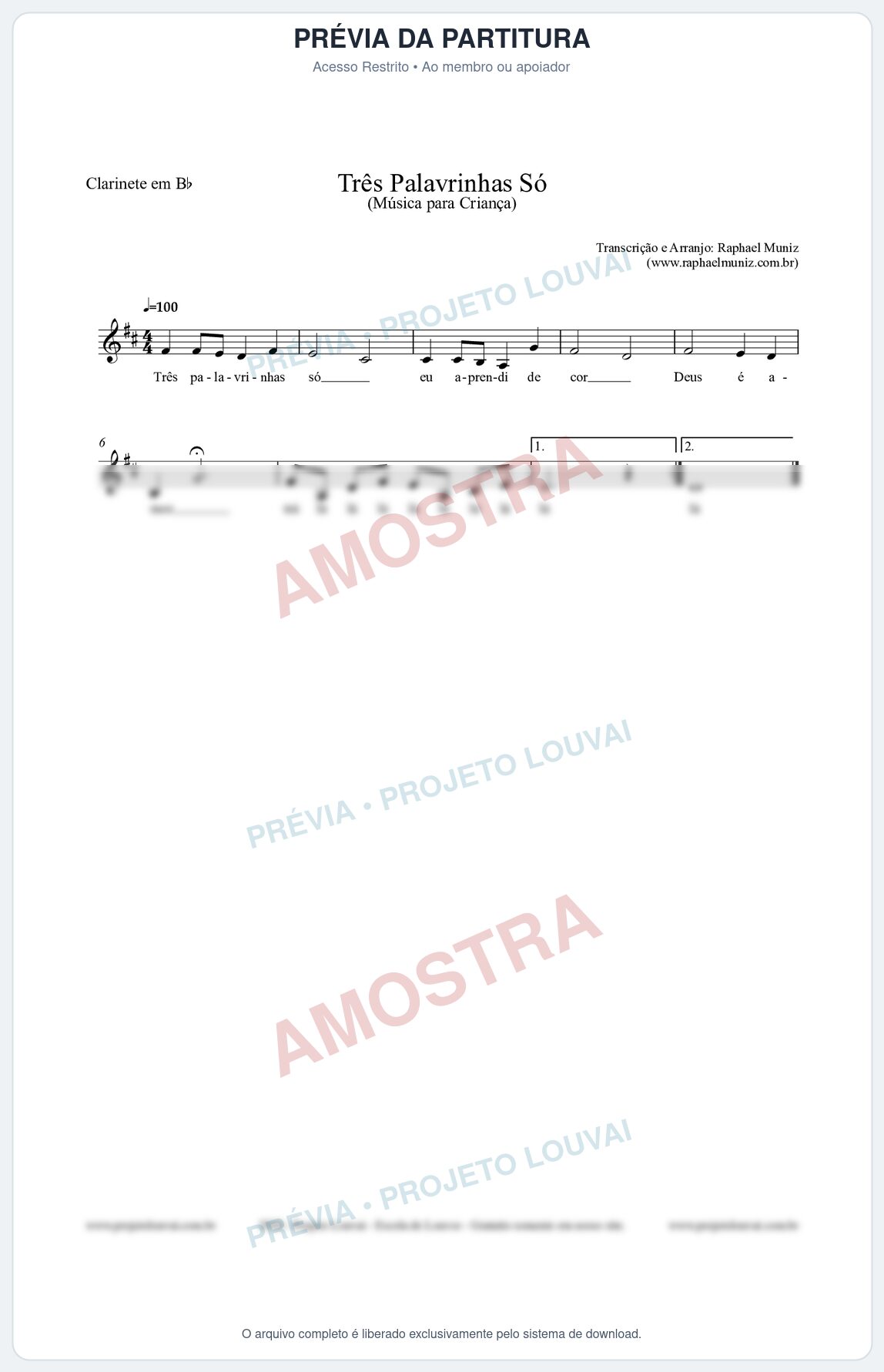 Prévia protegida da primeira página da partitura Partitura para Clarinete em Bb - Três Palavrinhas Só - Música Infantil