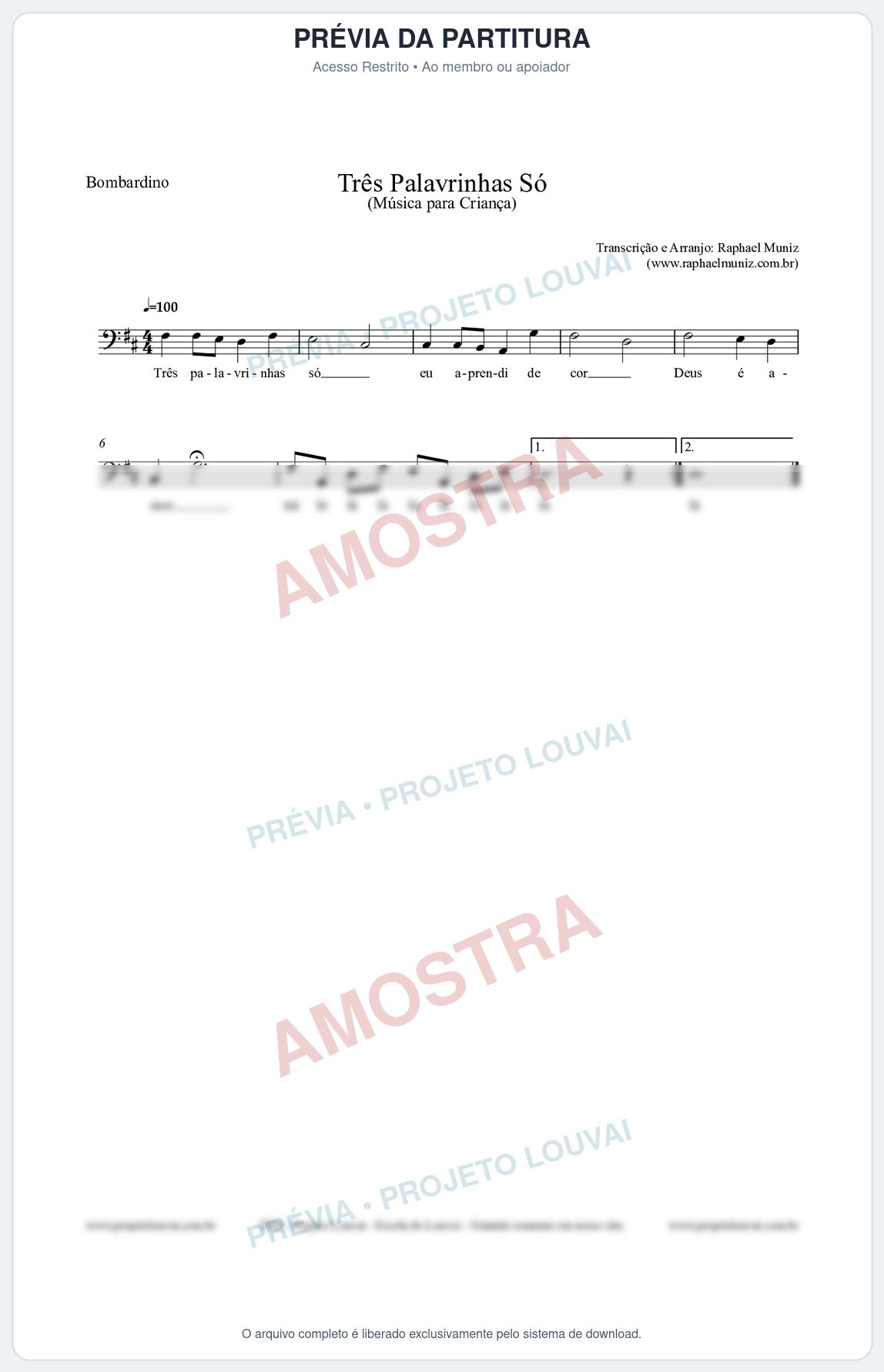 Prévia protegida da primeira página da partitura Partitura para Bombardino - Três Palavrinhas Só - Música Infantil