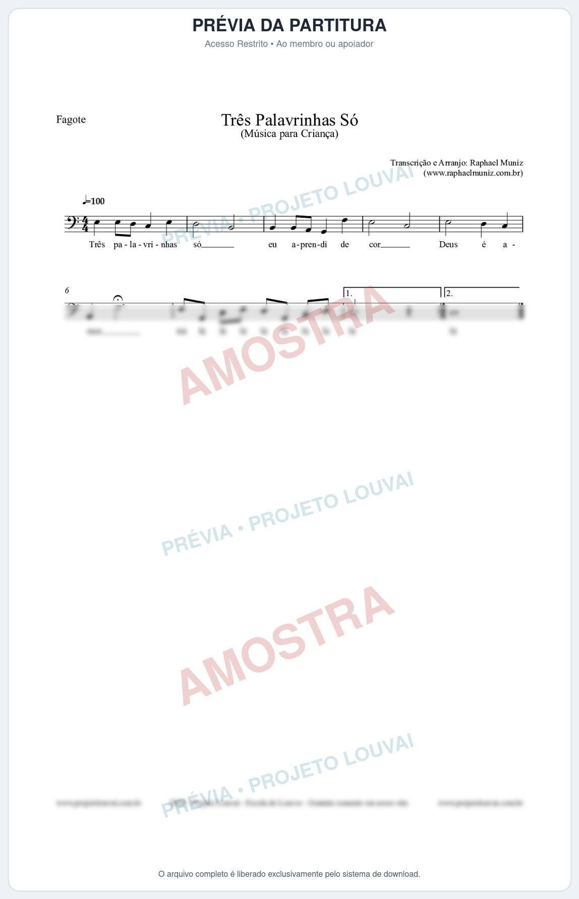 Prévia protegida da primeira página da partitura Partitura para Fagote - Três Palavrinhas Só - Música Infantil