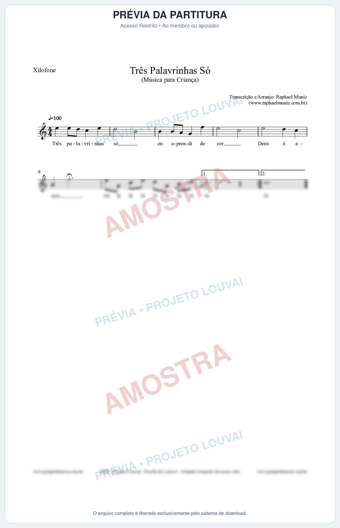 Prévia protegida da primeira página da partitura Partitura para Xilofone - Três Palavrinhas Só - Música Infantil