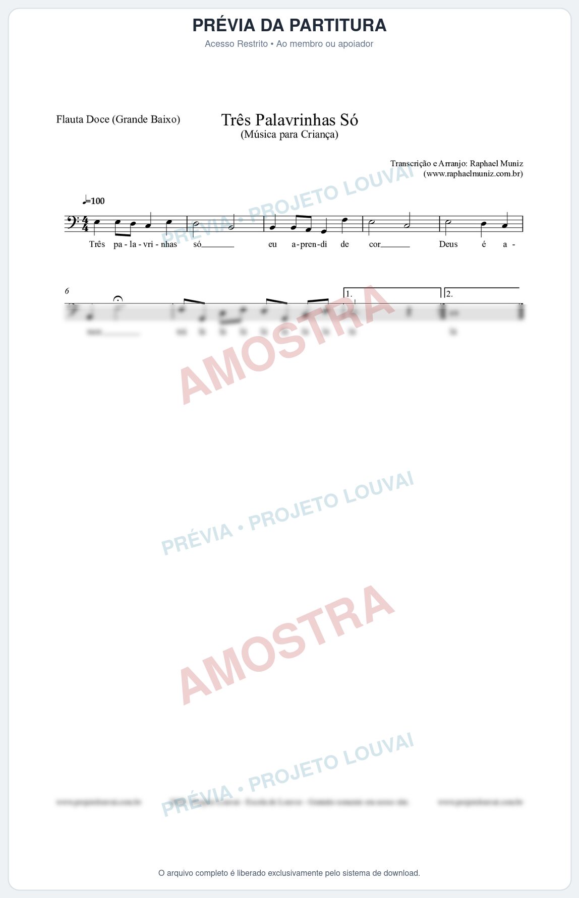Prévia protegida da primeira página da partitura Partitura para Flauta Doce (Grande Baixo) - Três Palavrinhas Só - Música Infantil
