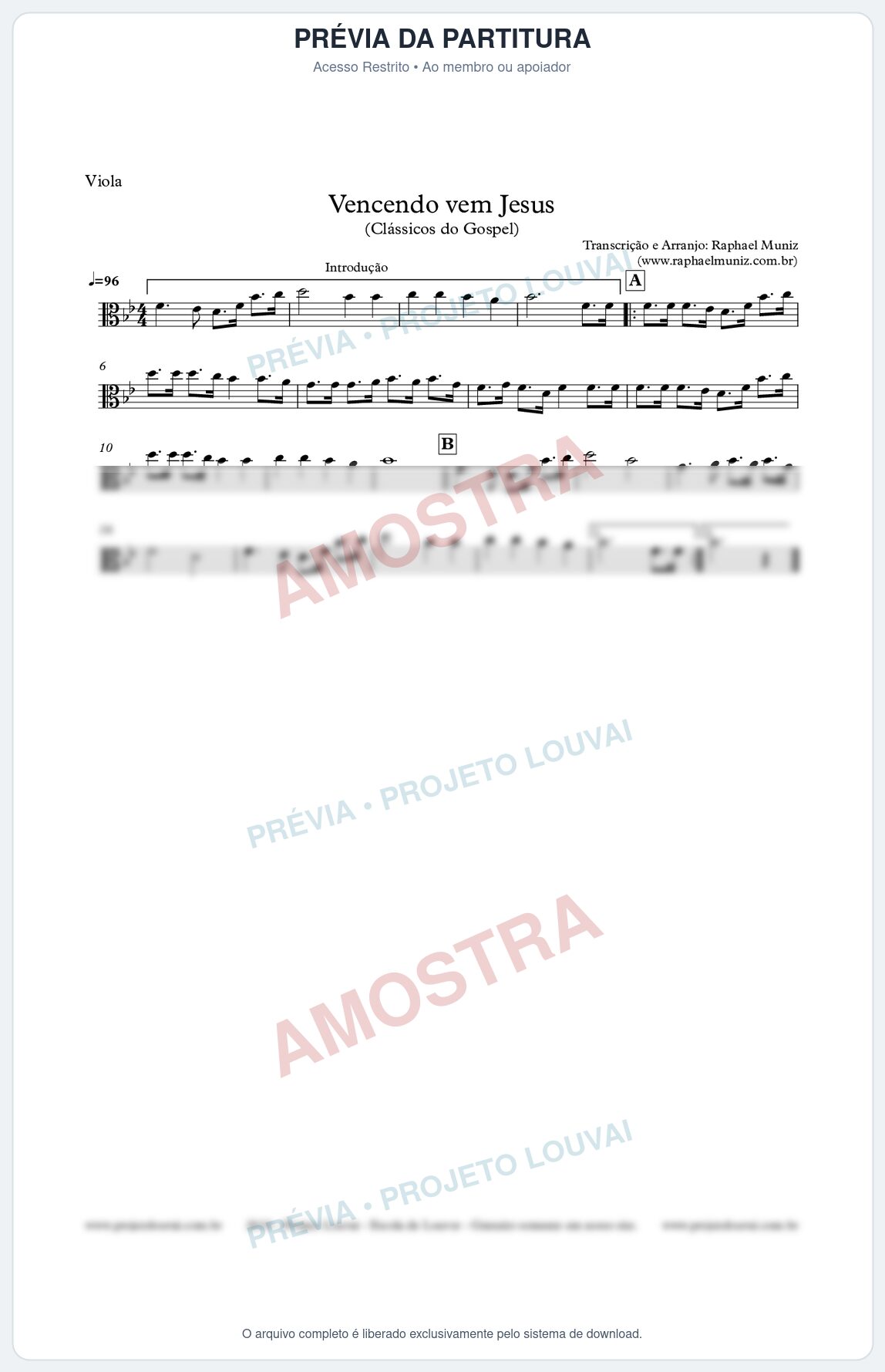 Prévia protegida da primeira página da partitura Partitura para Viola - Vencendo Vem Jesus - Clássicos do Gospel